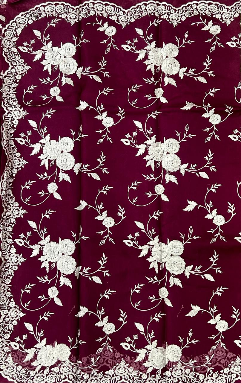 Maroon scallop embroidered pure organza saree