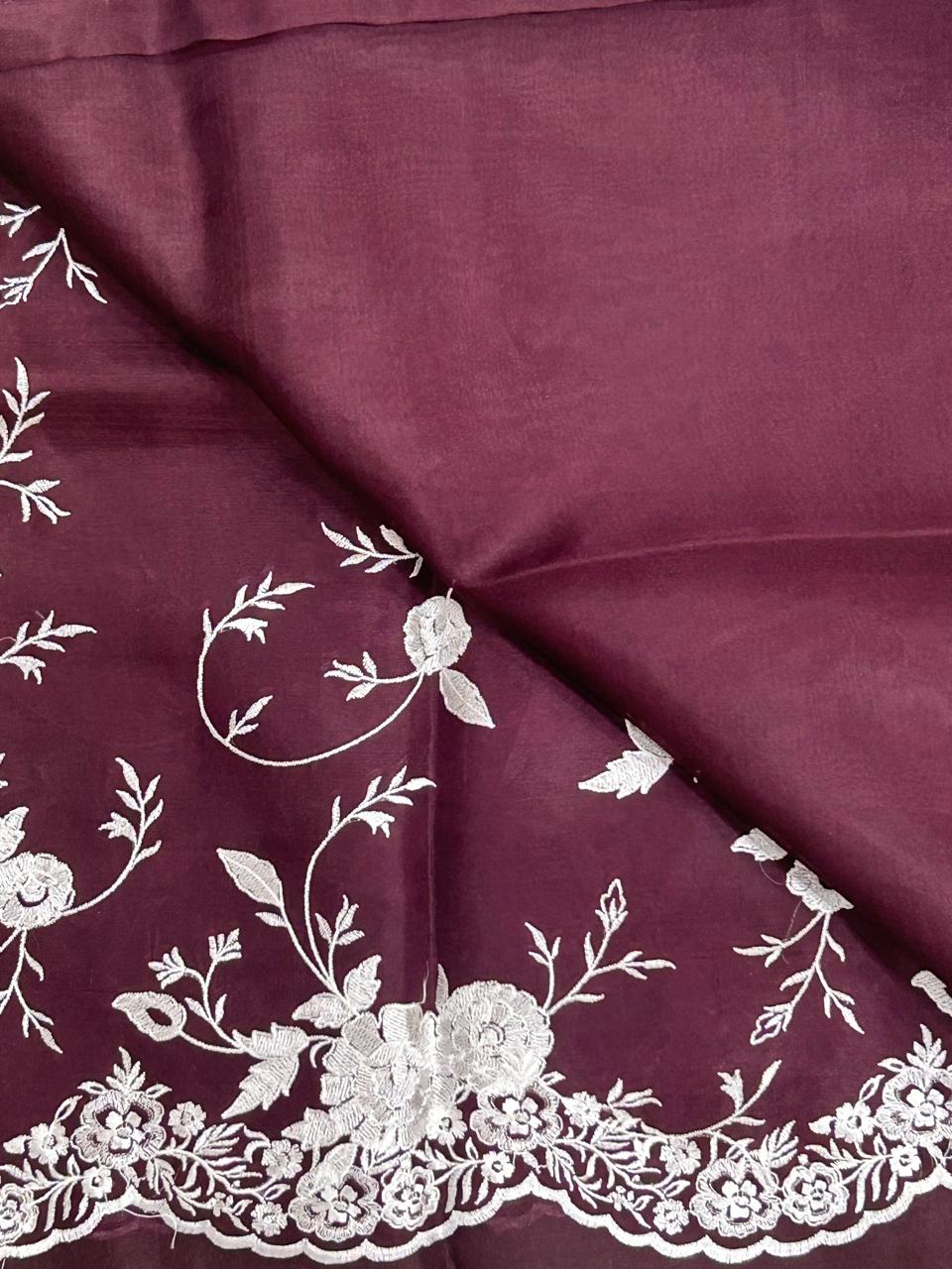 Brown scallop embroidered pure organza saree