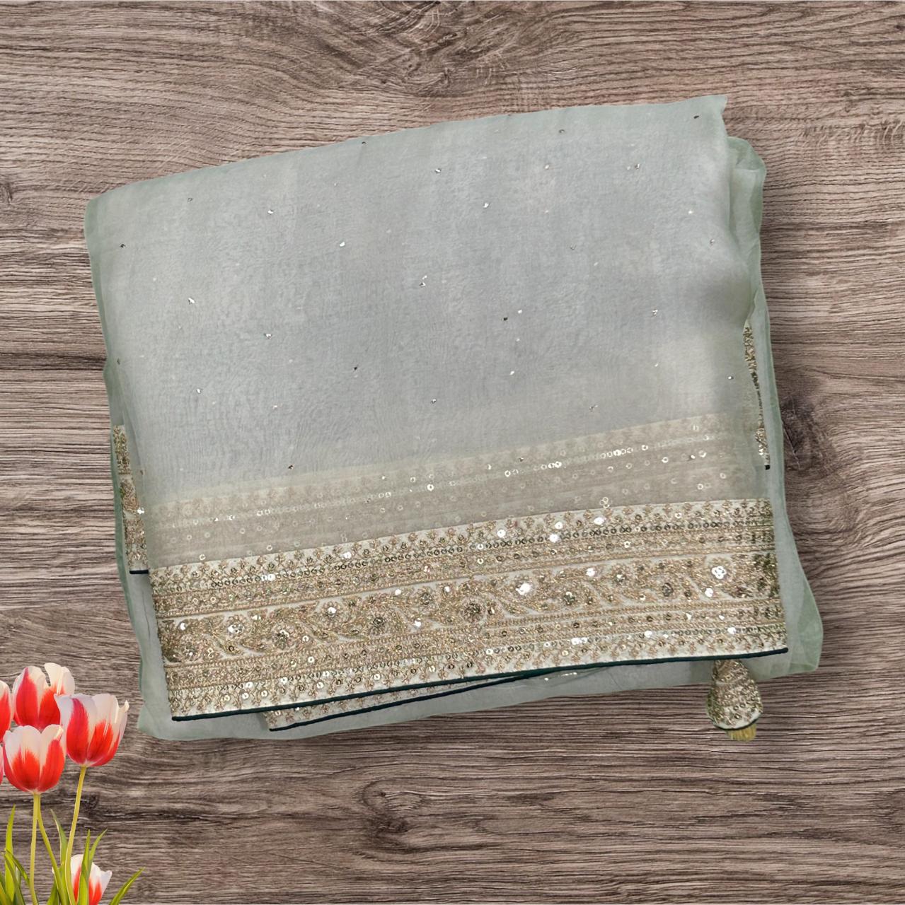 White sabyasachi inspired pure organza saree with contrast blouse