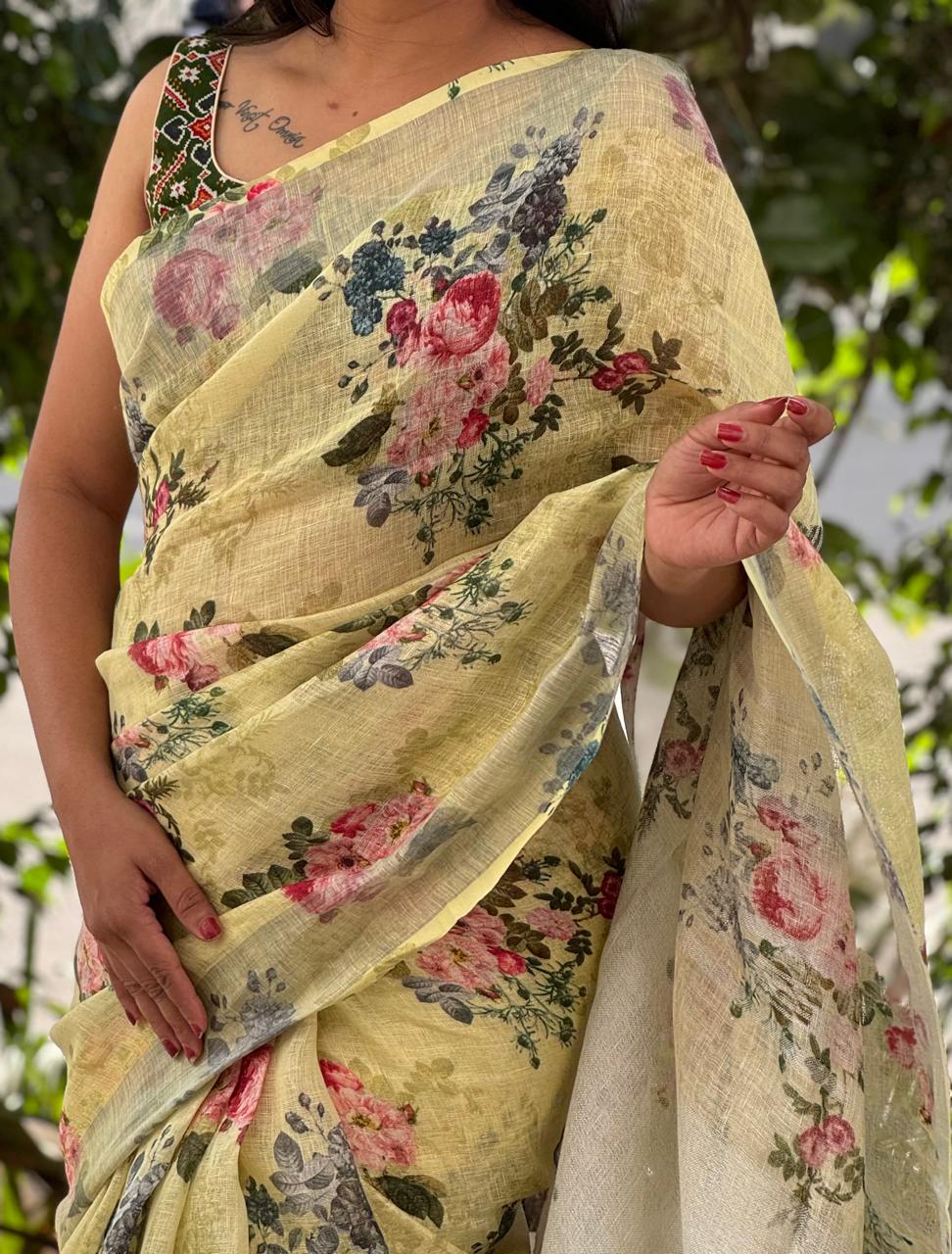 Yellow floral print linen cotton saree
