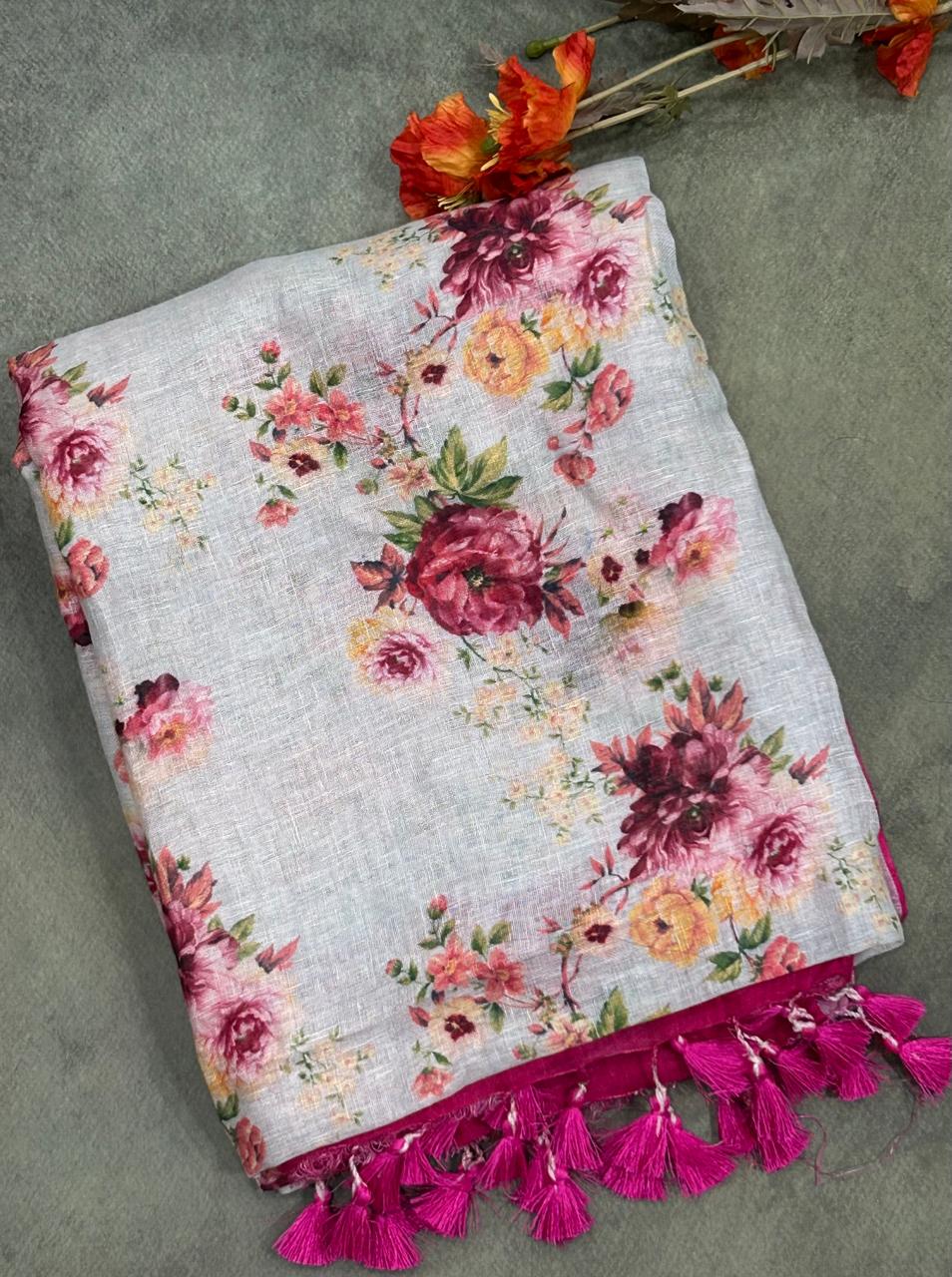 Pastel blue pure Linen digital printed Saree