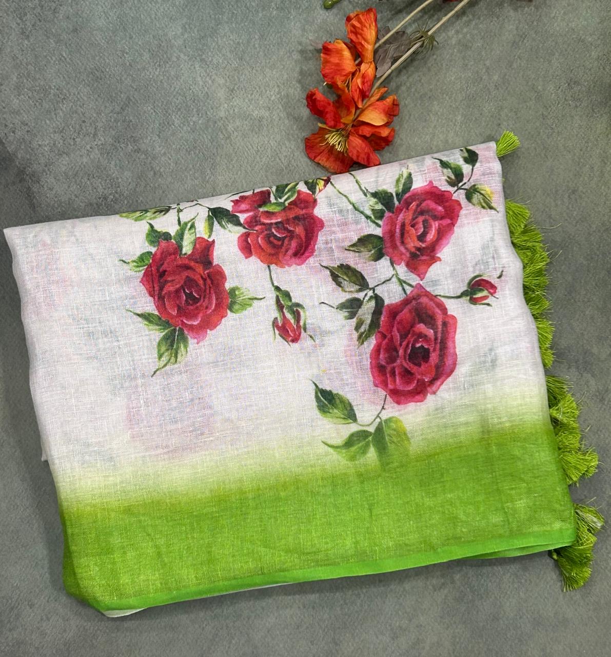 Cream pure Linen digital printed saree