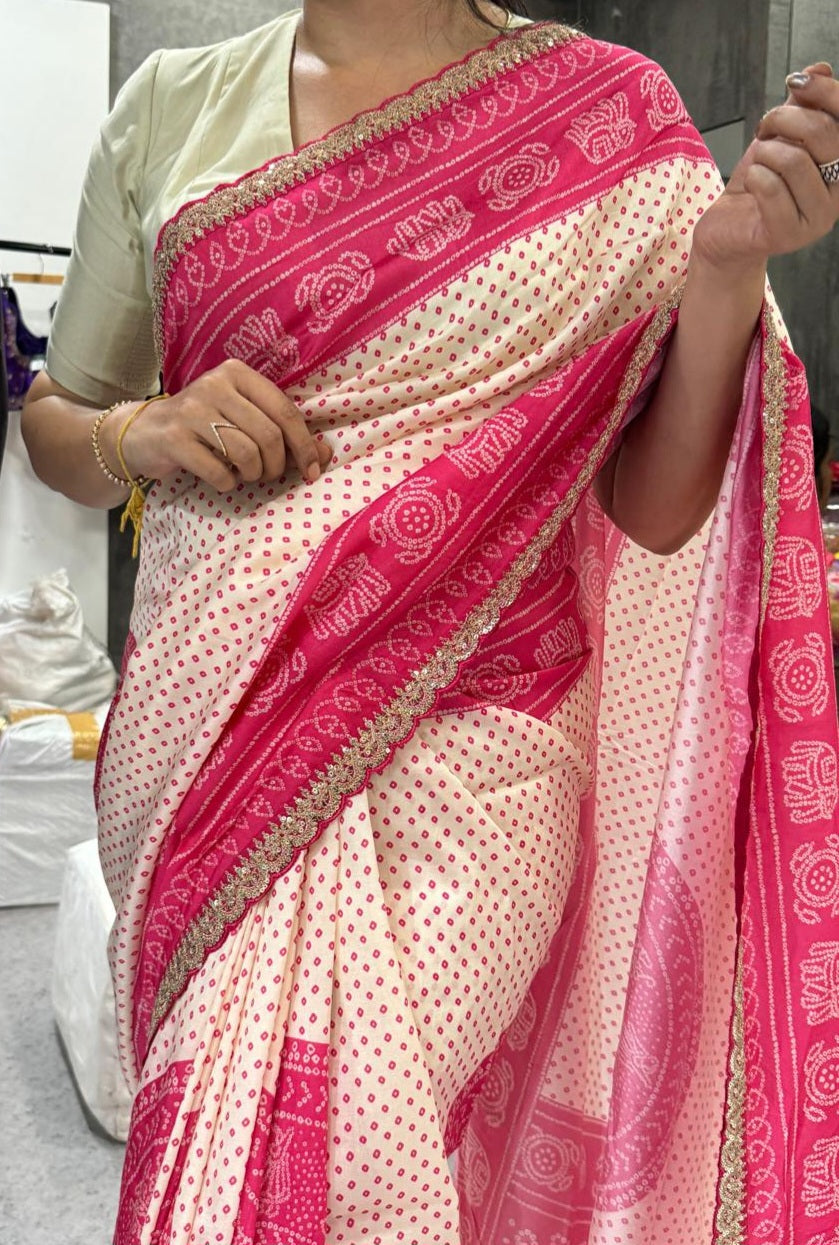 Cream n pink bandini scallop party wear dola saree