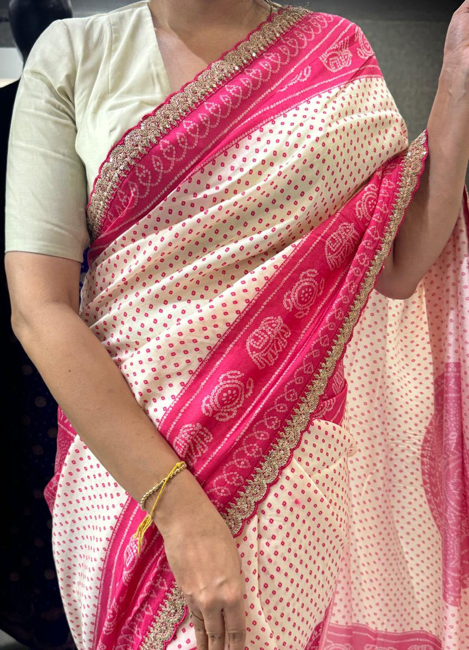 Cream n pink bandini scallop party wear dola saree