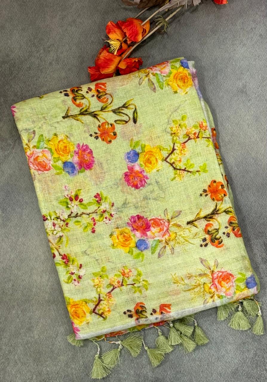 Green pure linen digital printed saree