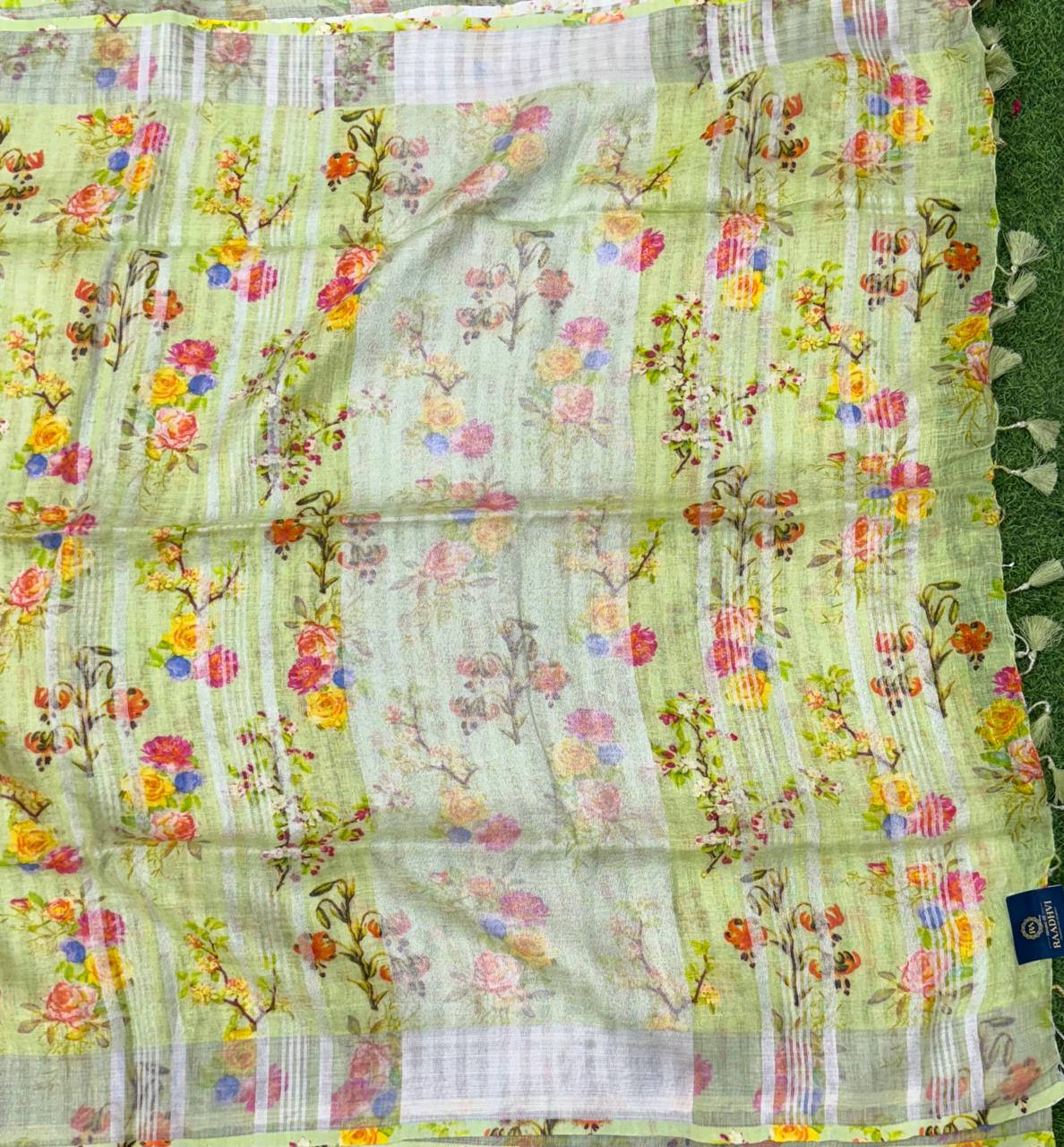 Green pure linen digital printed saree
