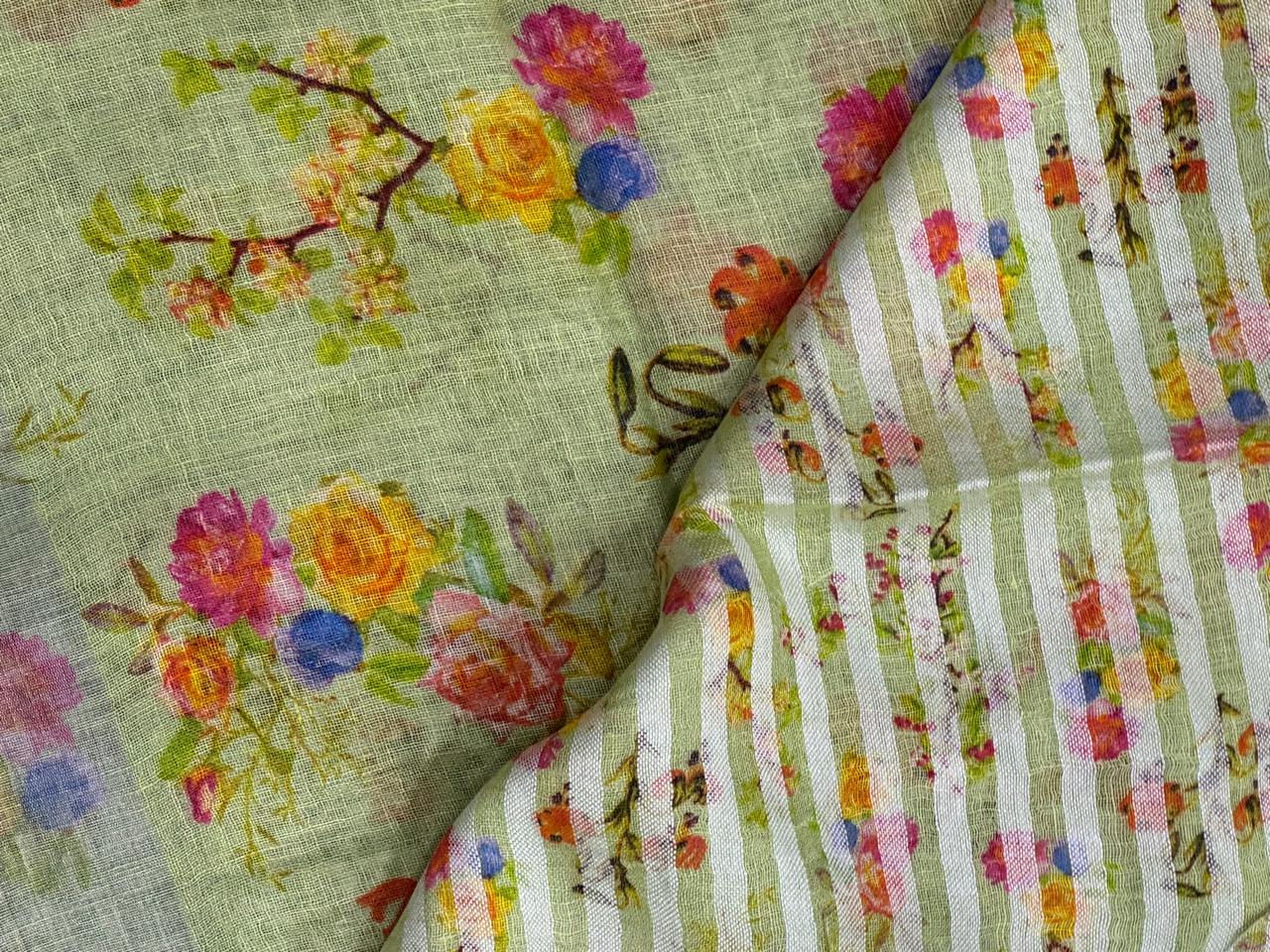 Green pure linen digital printed saree