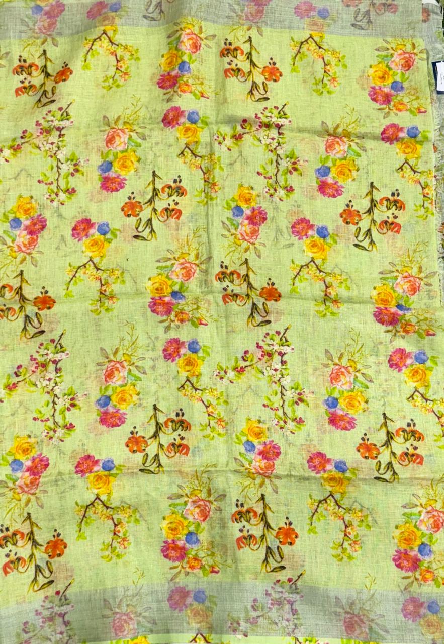 Green pure linen digital printed saree