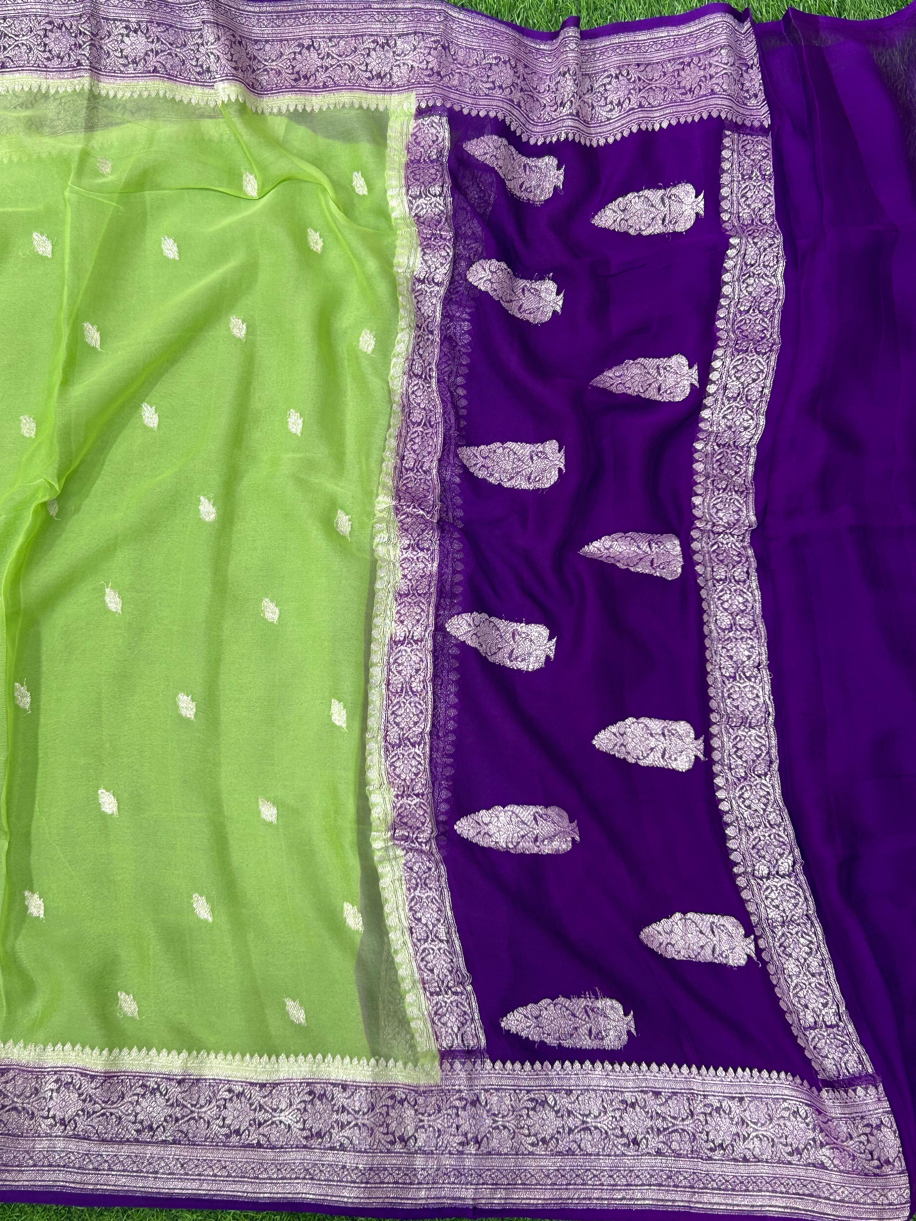 Light Green n purple benaras pure khadi chiffon saree