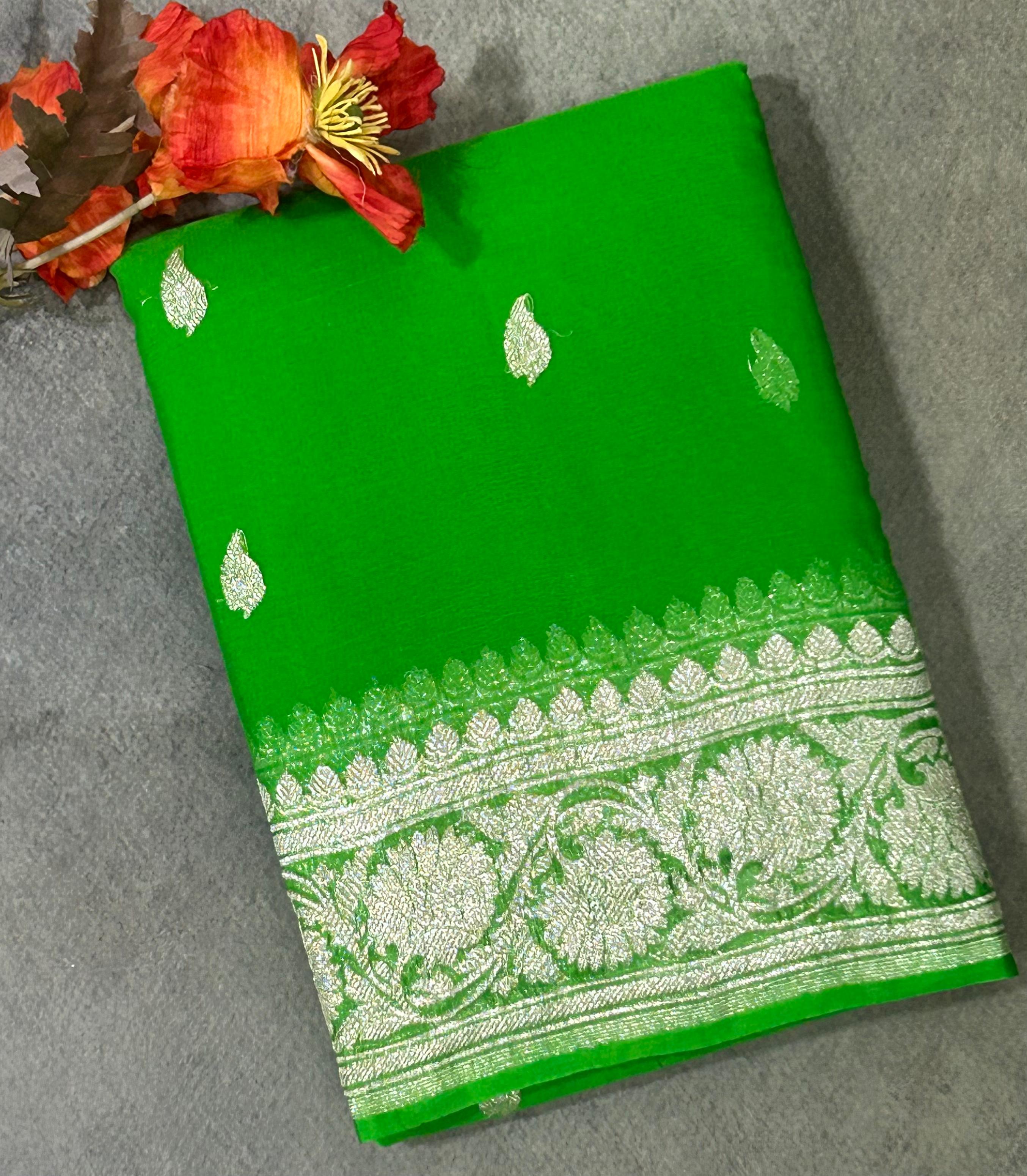 Parrot green benaras pure khadi chiffon saree