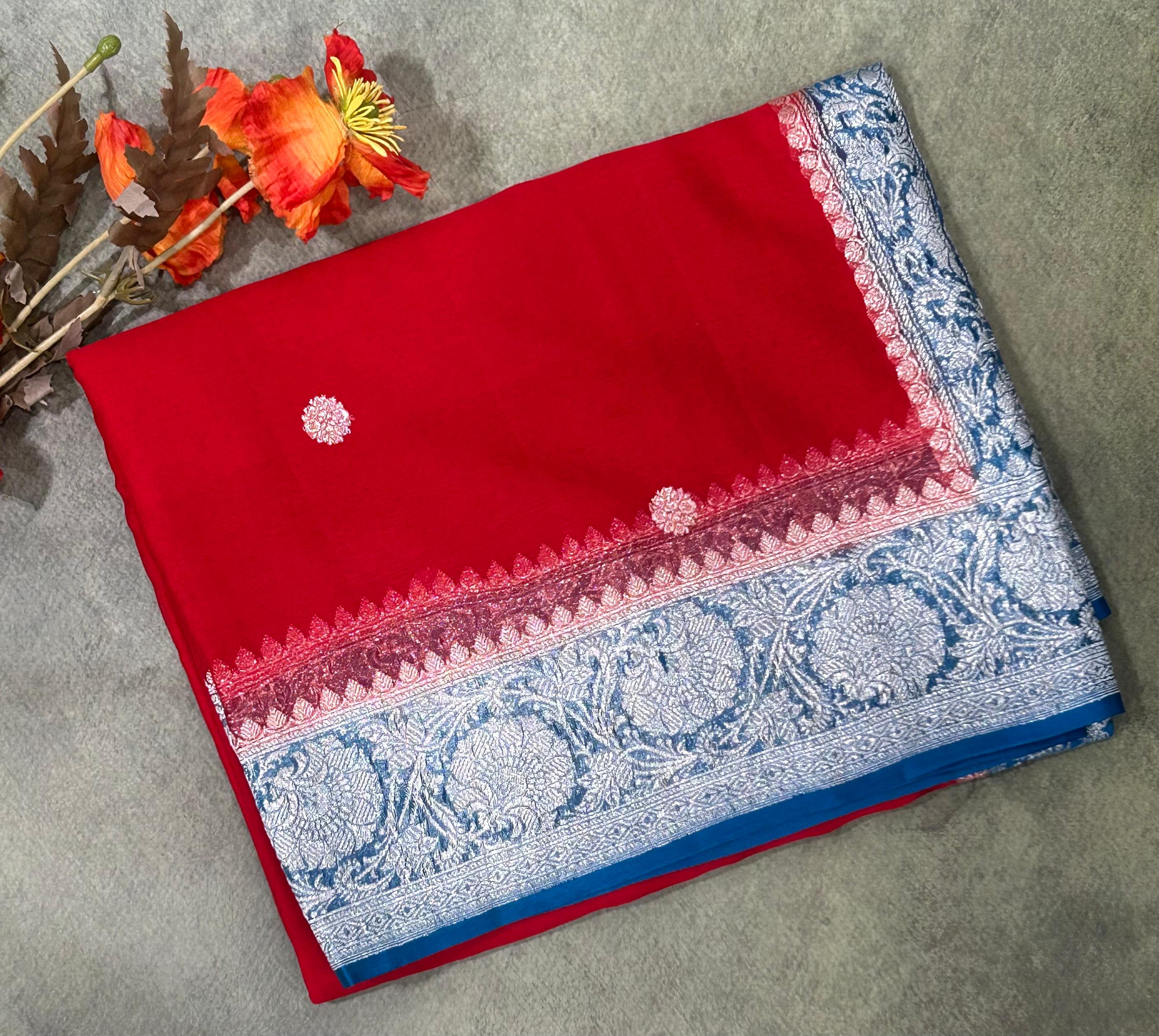 Red benaras pure khadi chiffon saree