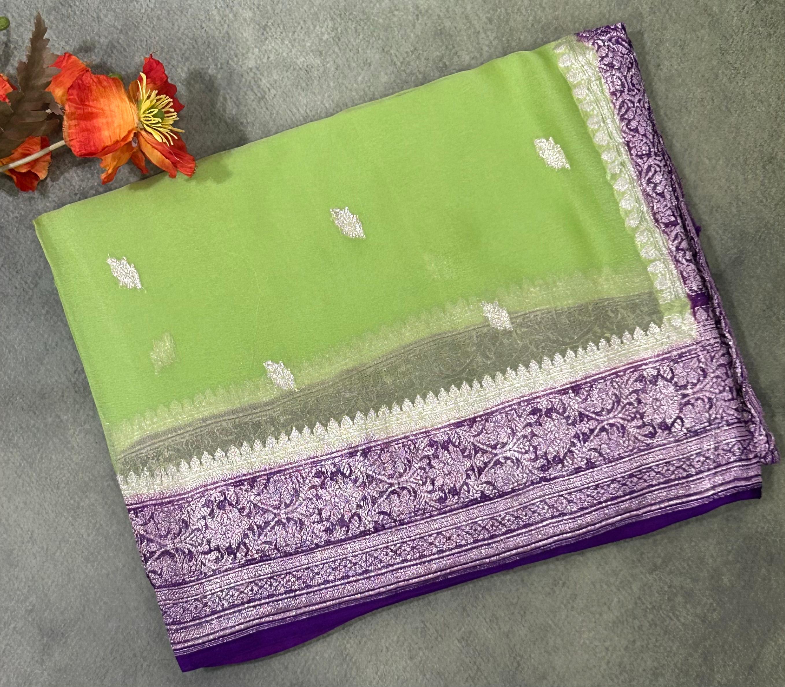 Light Green n purple benaras pure khadi chiffon saree