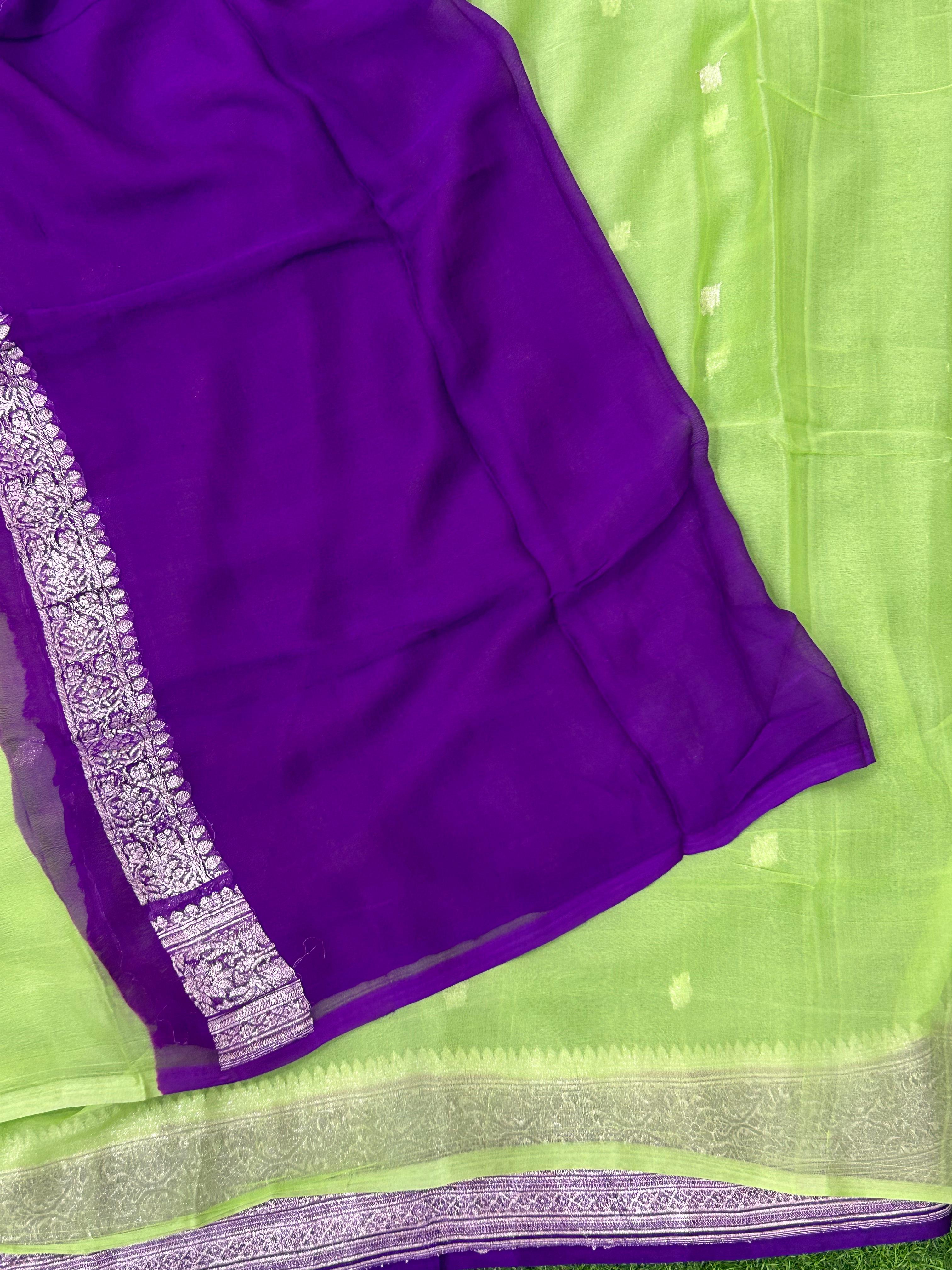 Light Green n purple benaras pure khadi chiffon saree