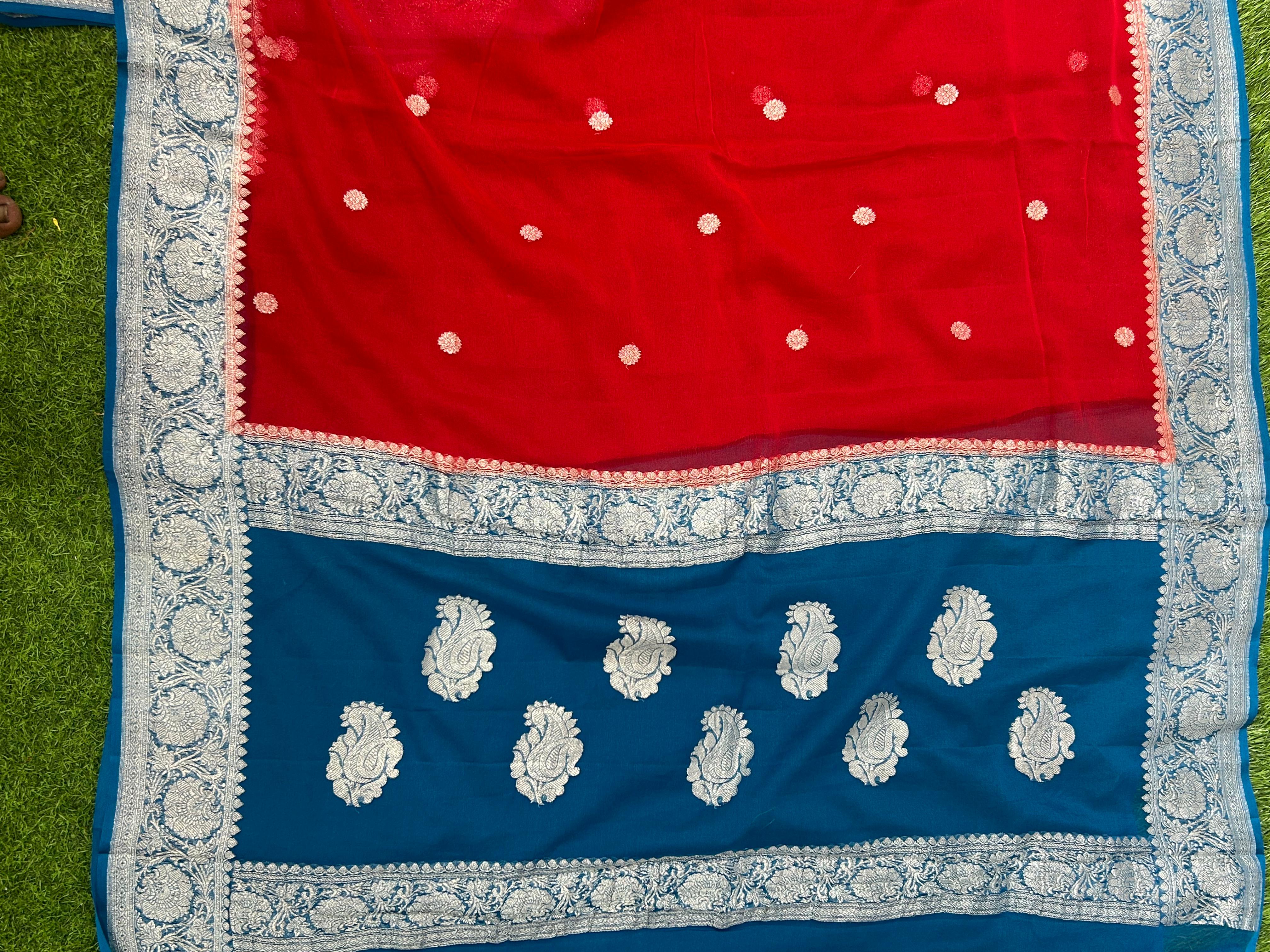 Red benaras pure khadi chiffon saree