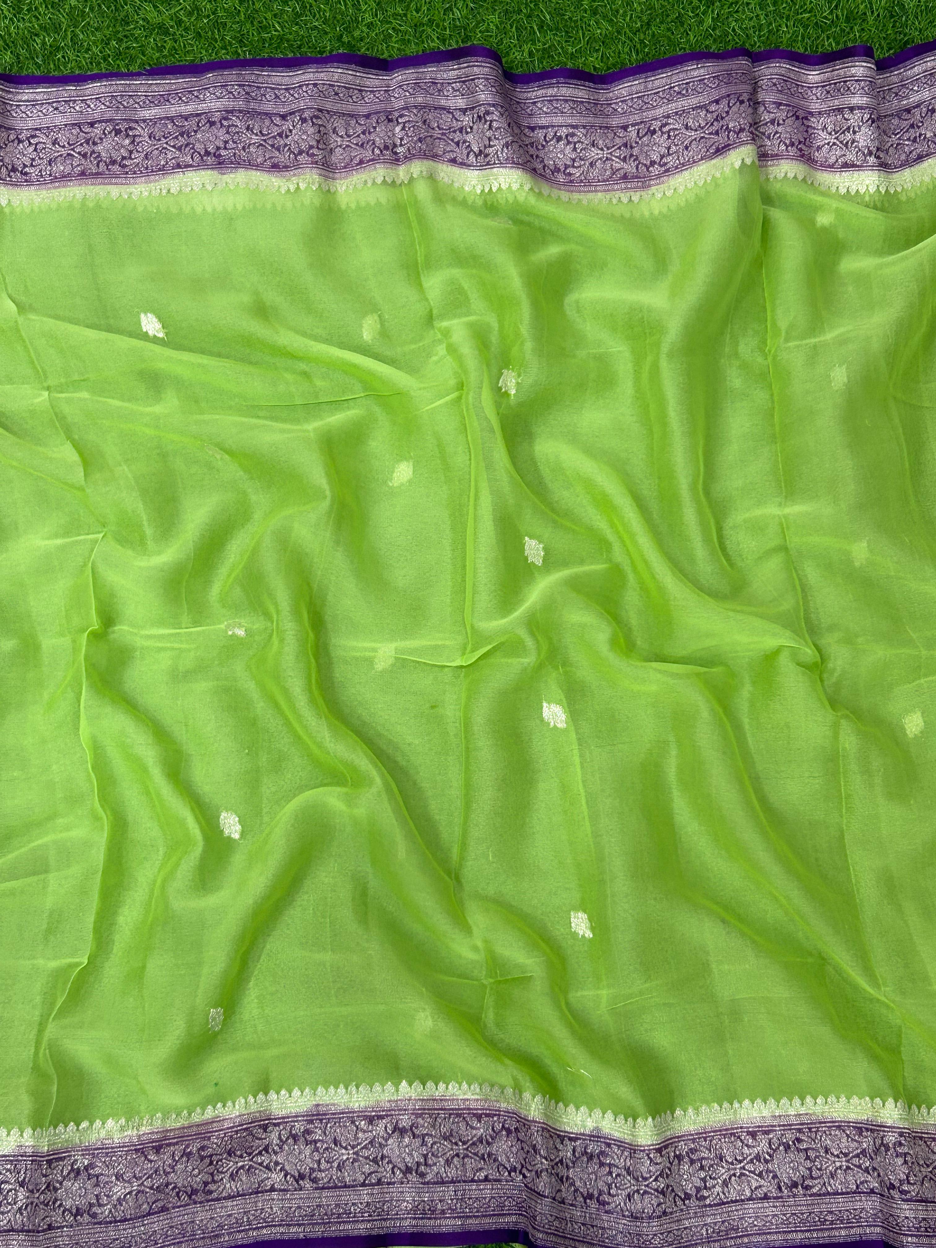 Light Green n purple benaras pure khadi chiffon saree