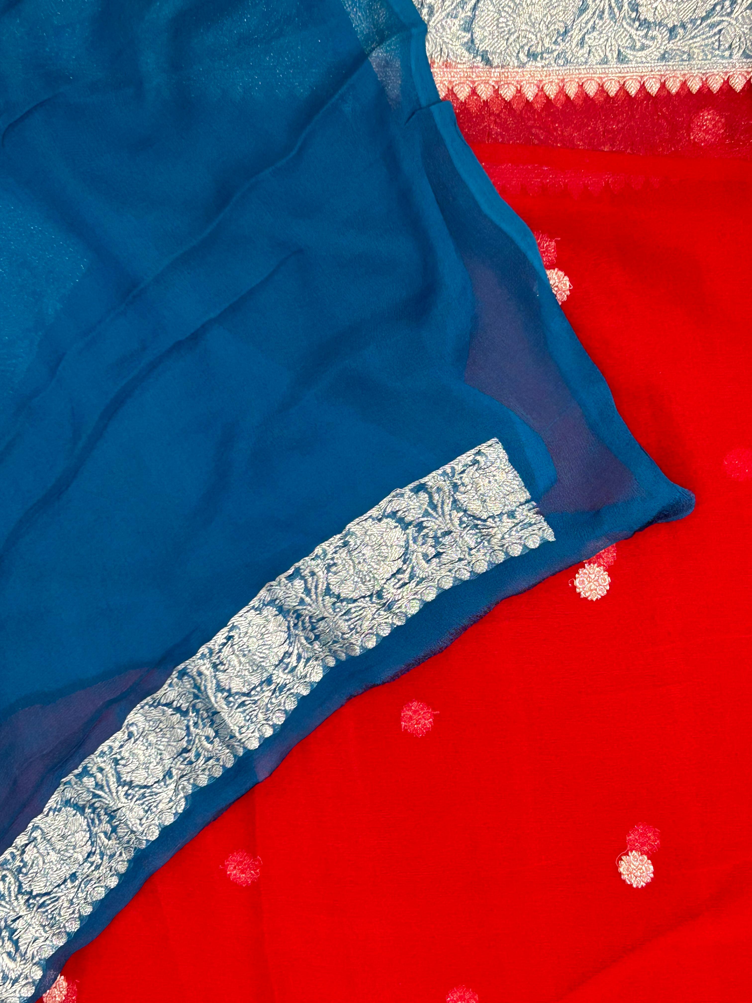 Red benaras pure khadi chiffon saree