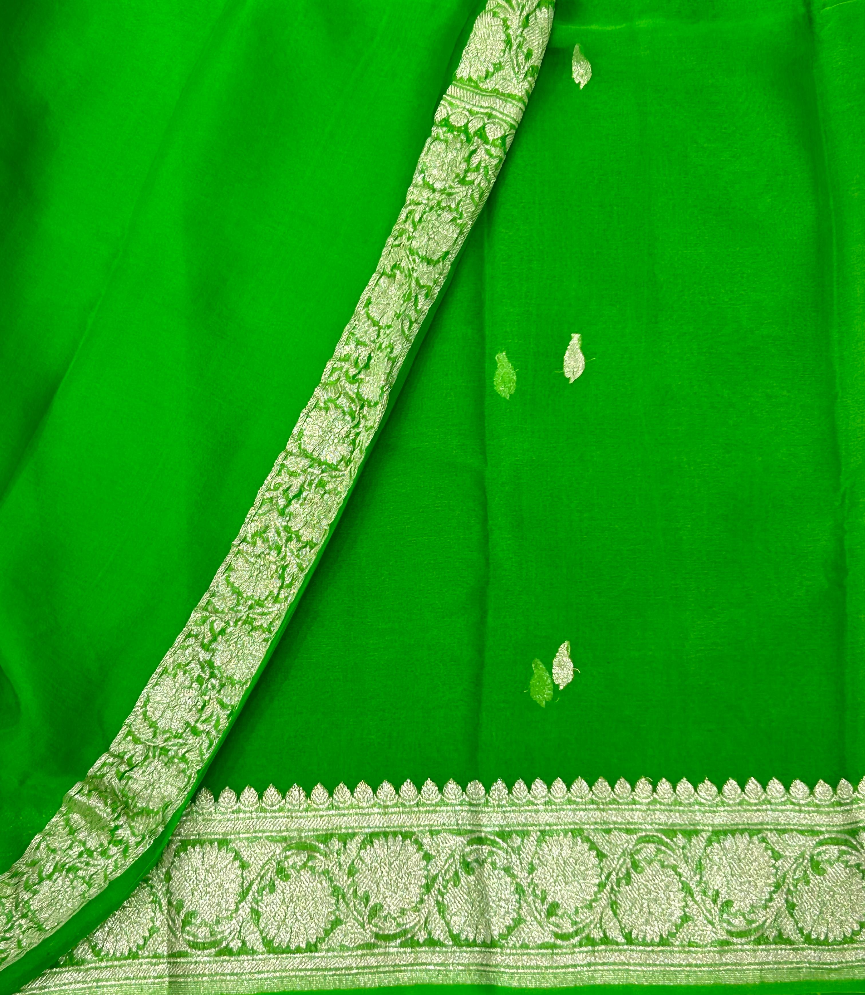 Parrot green benaras pure khadi chiffon saree