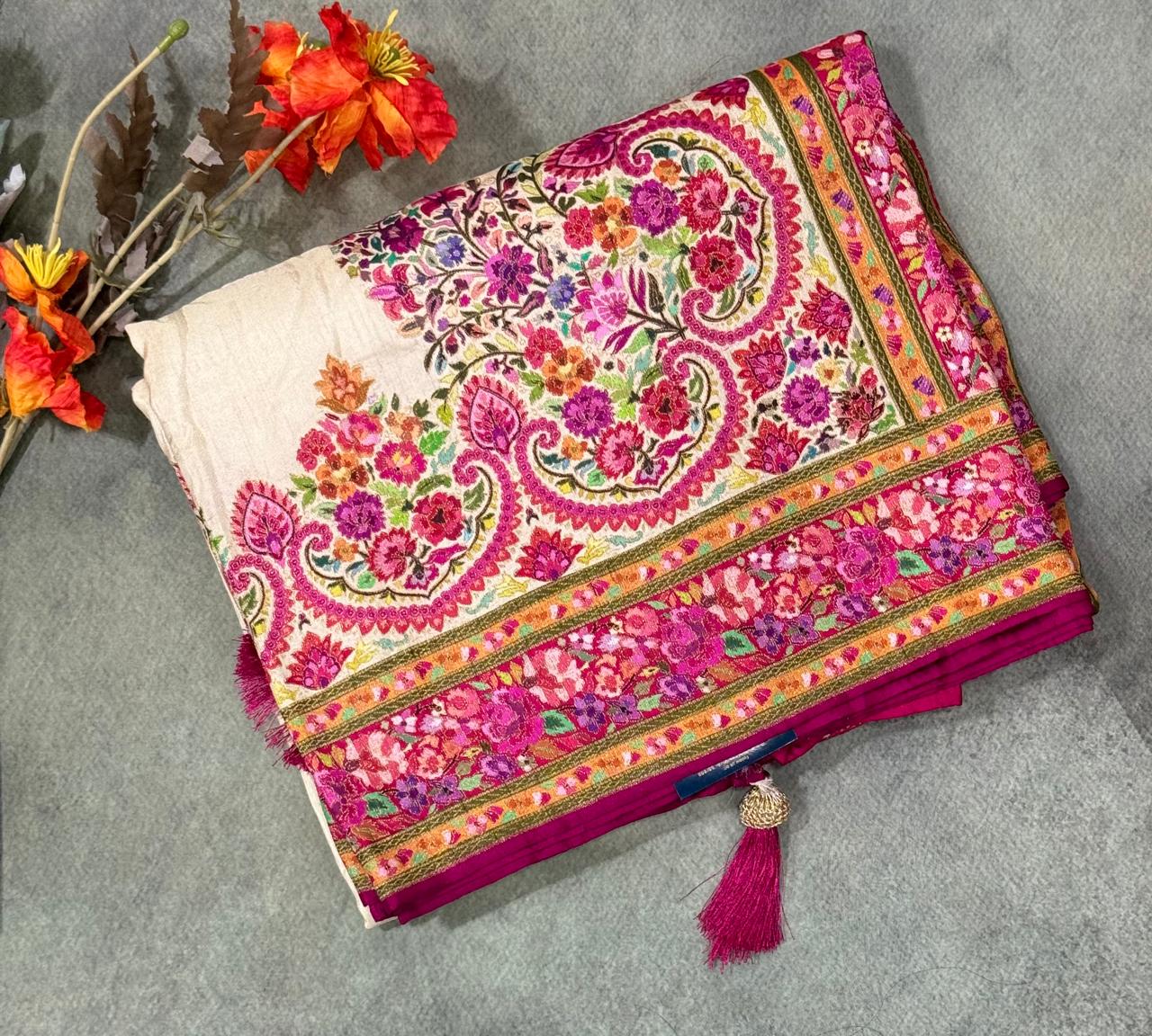 Cream pichwai new designer moonga silk saree