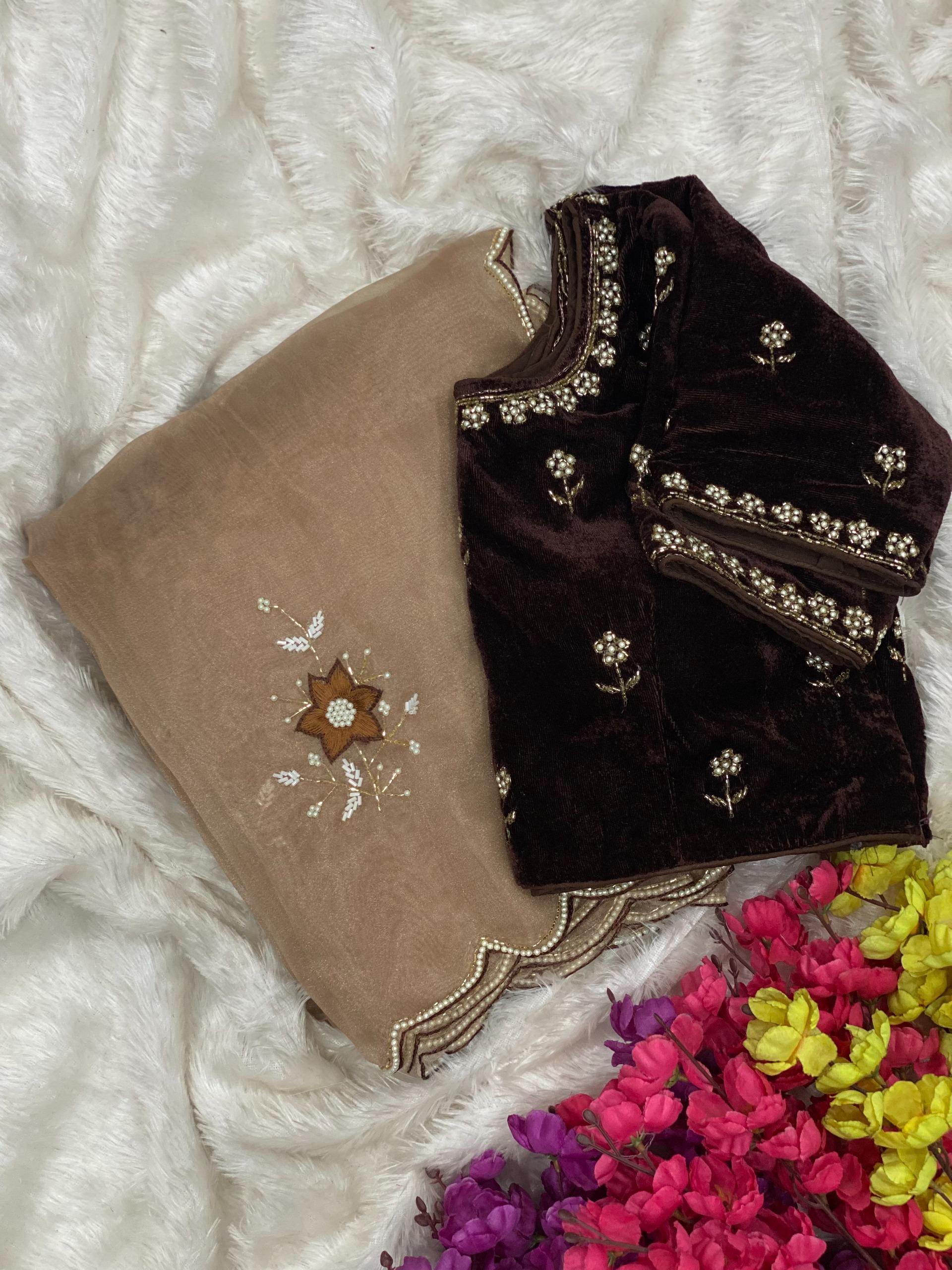 Golden Beige velvet stitched blouse glass tissue party wear saree