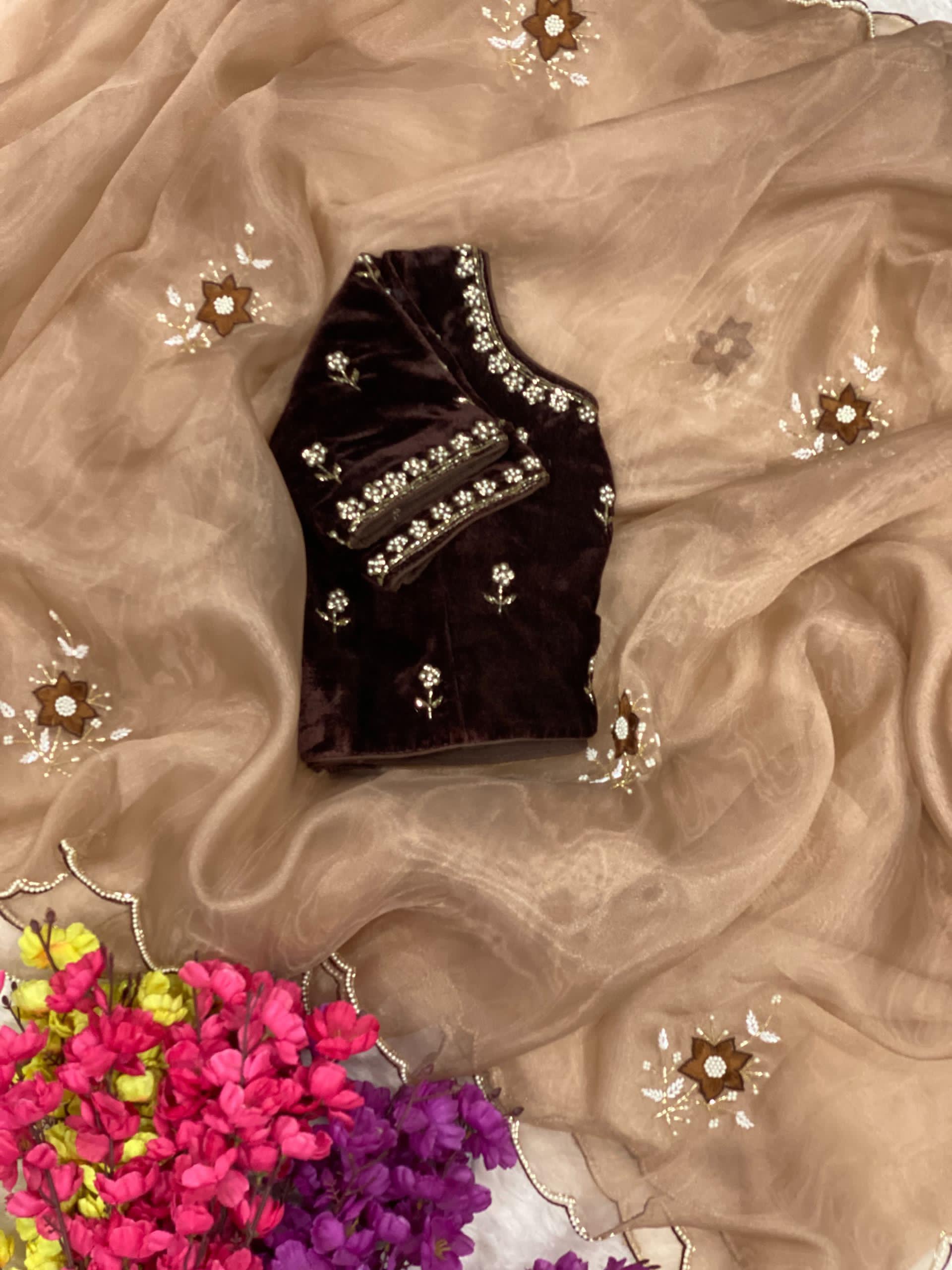Golden Beige velvet stitched blouse glass tissue party wear saree