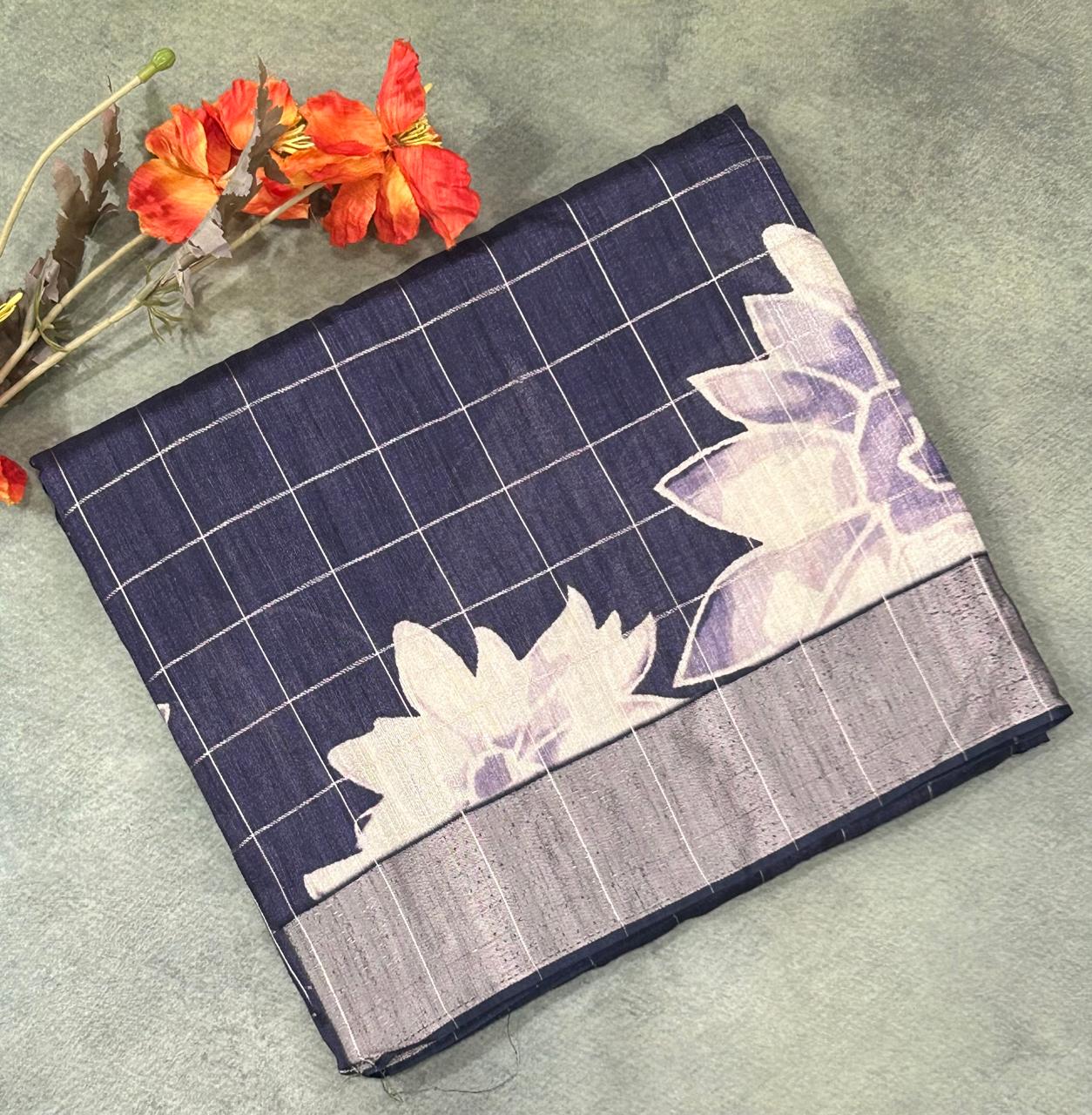 Navy blue checks digital print tussar saree