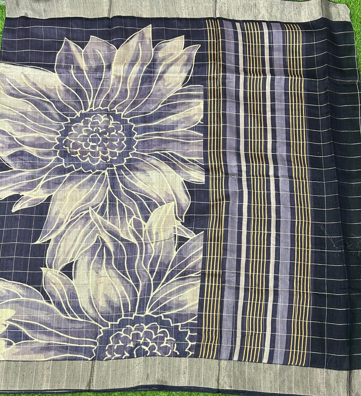 Navy blue checks digital print tussar saree