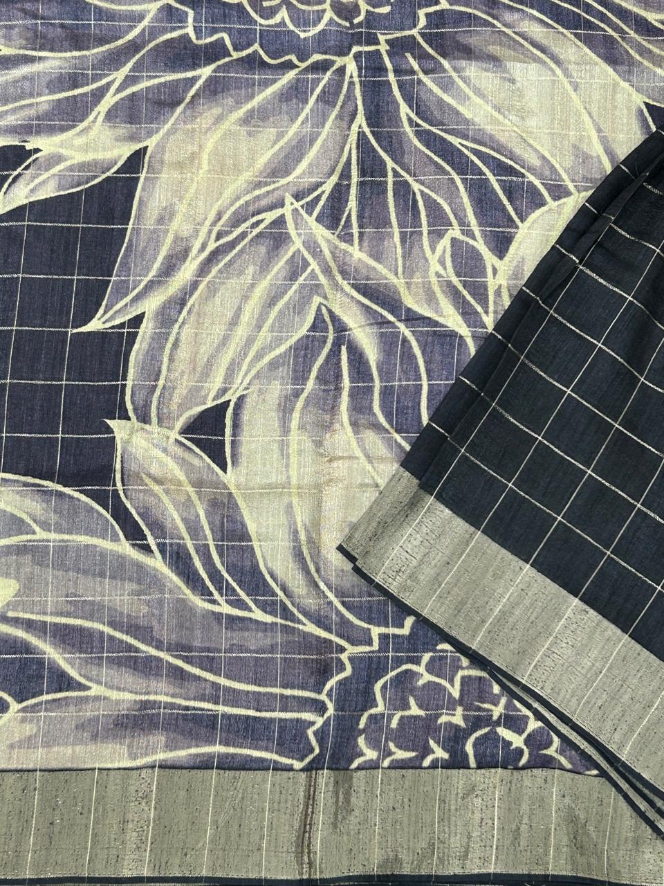 Navy blue checks digital print tussar saree