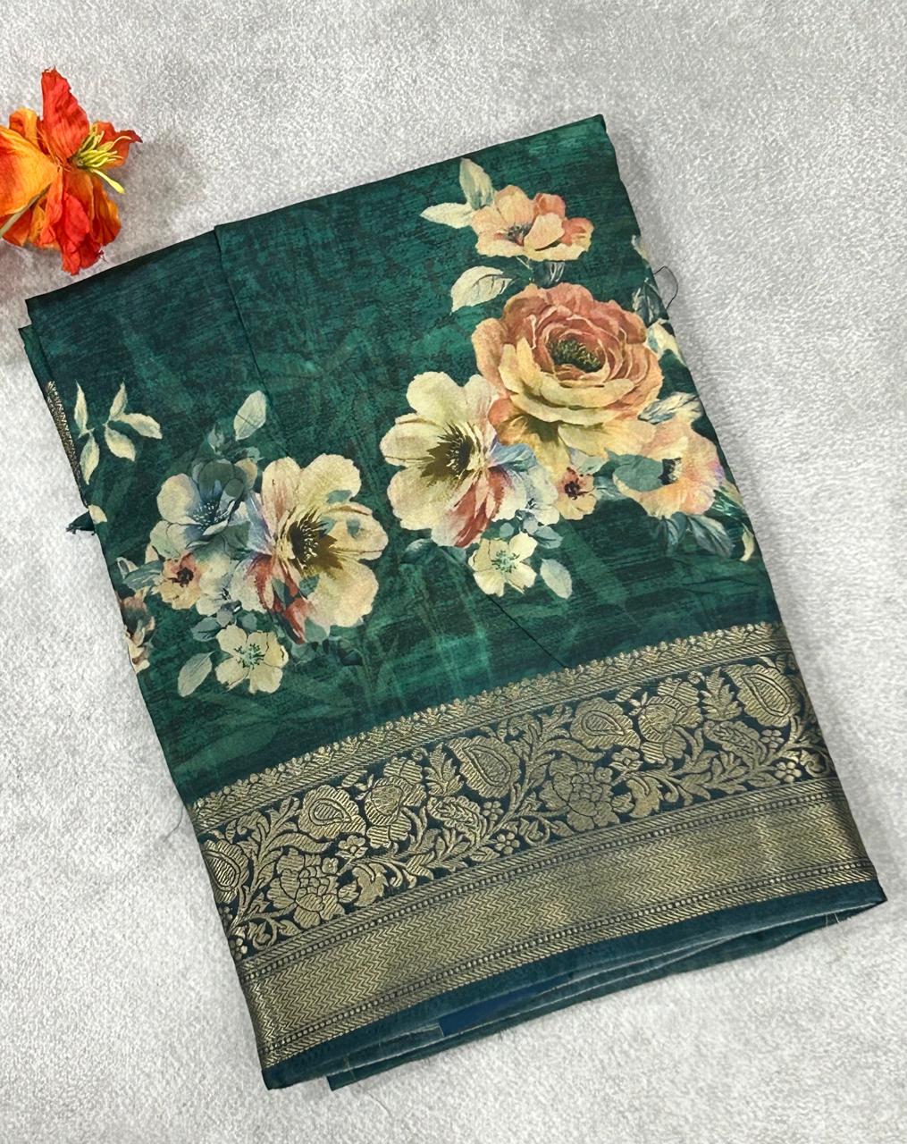 Green digital print semi dola chinon saree