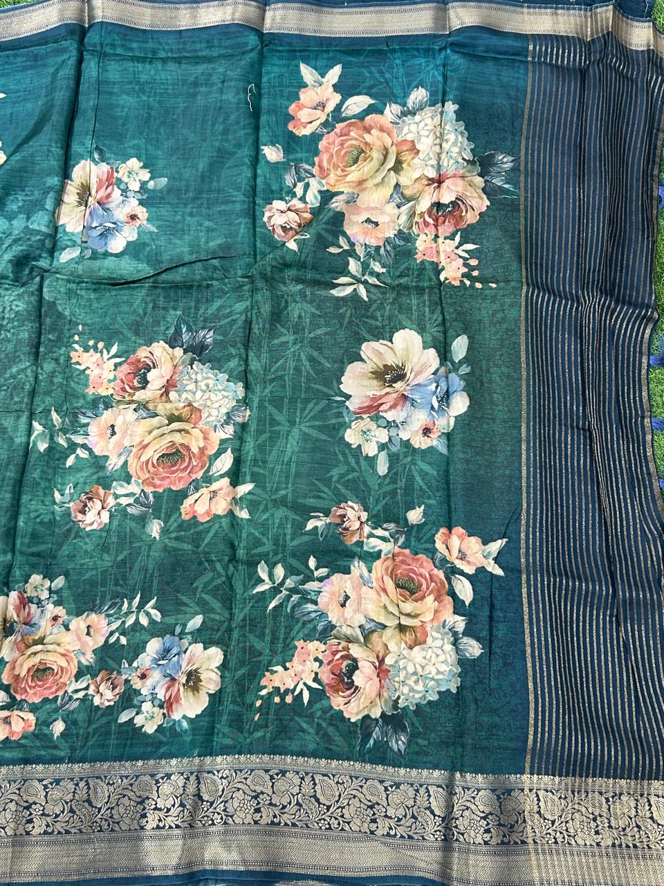 Green digital print semi dola chinon saree