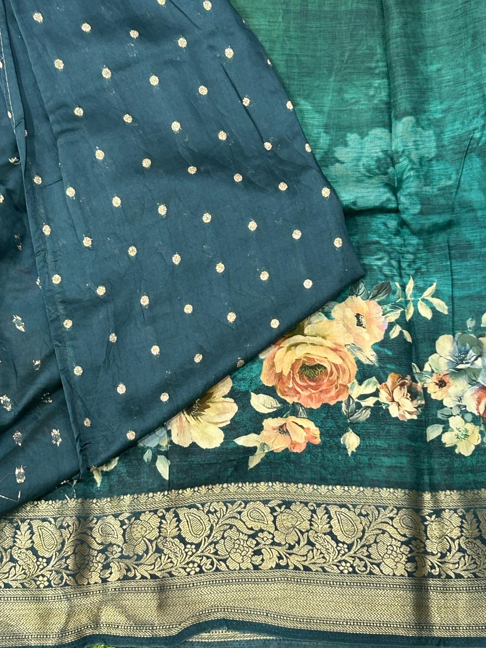 Green digital print semi dola chinon saree