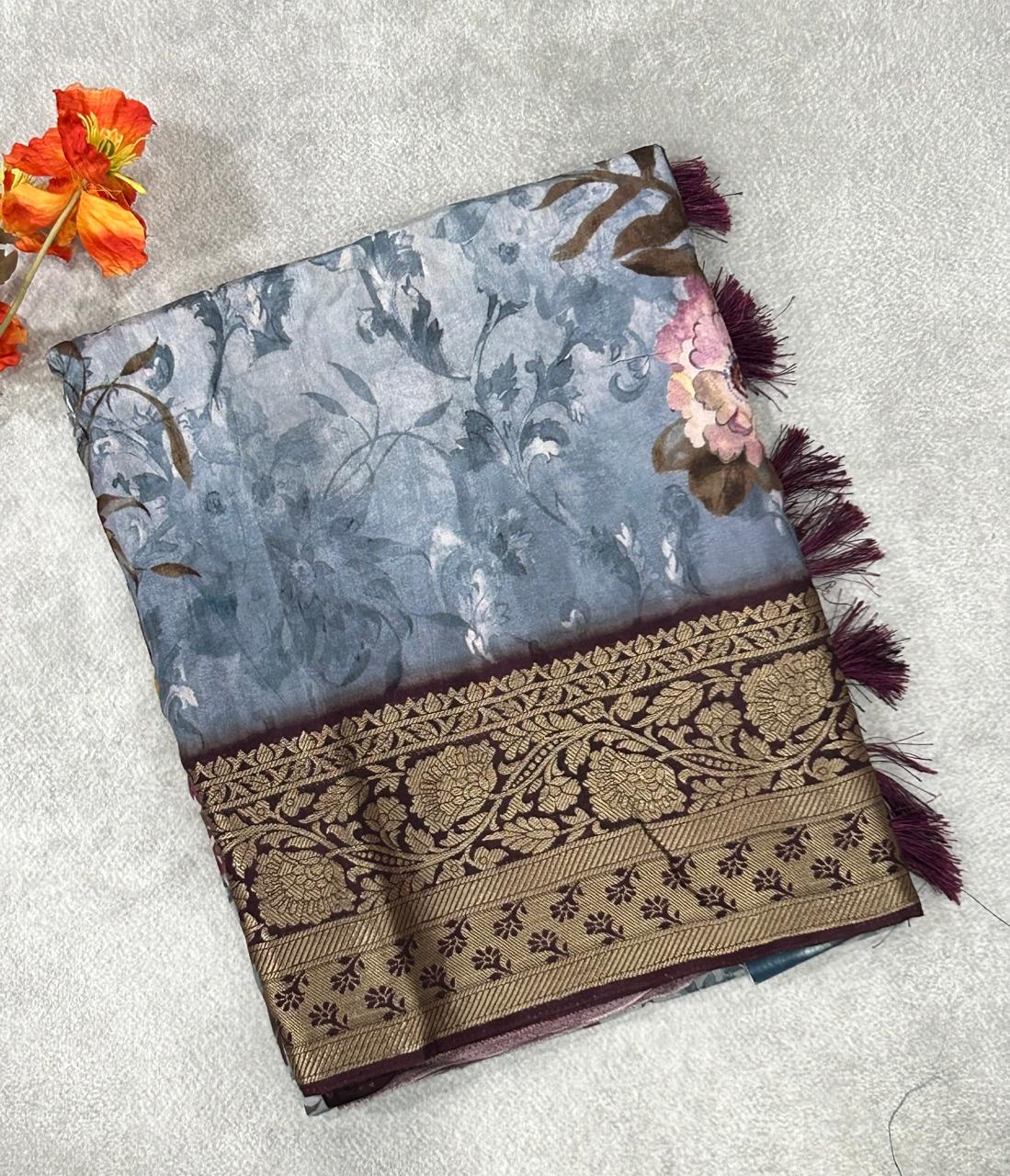 Grey digital print semi dola chinon saree