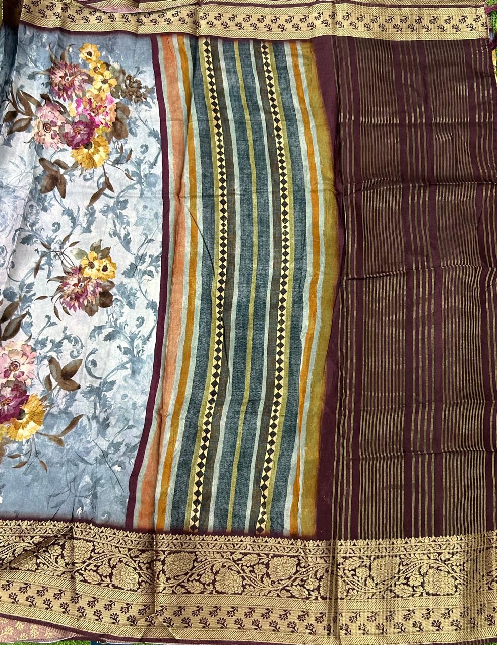 Grey digital print semi dola chinon saree