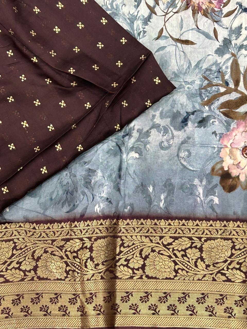 Grey digital print semi dola chinon saree