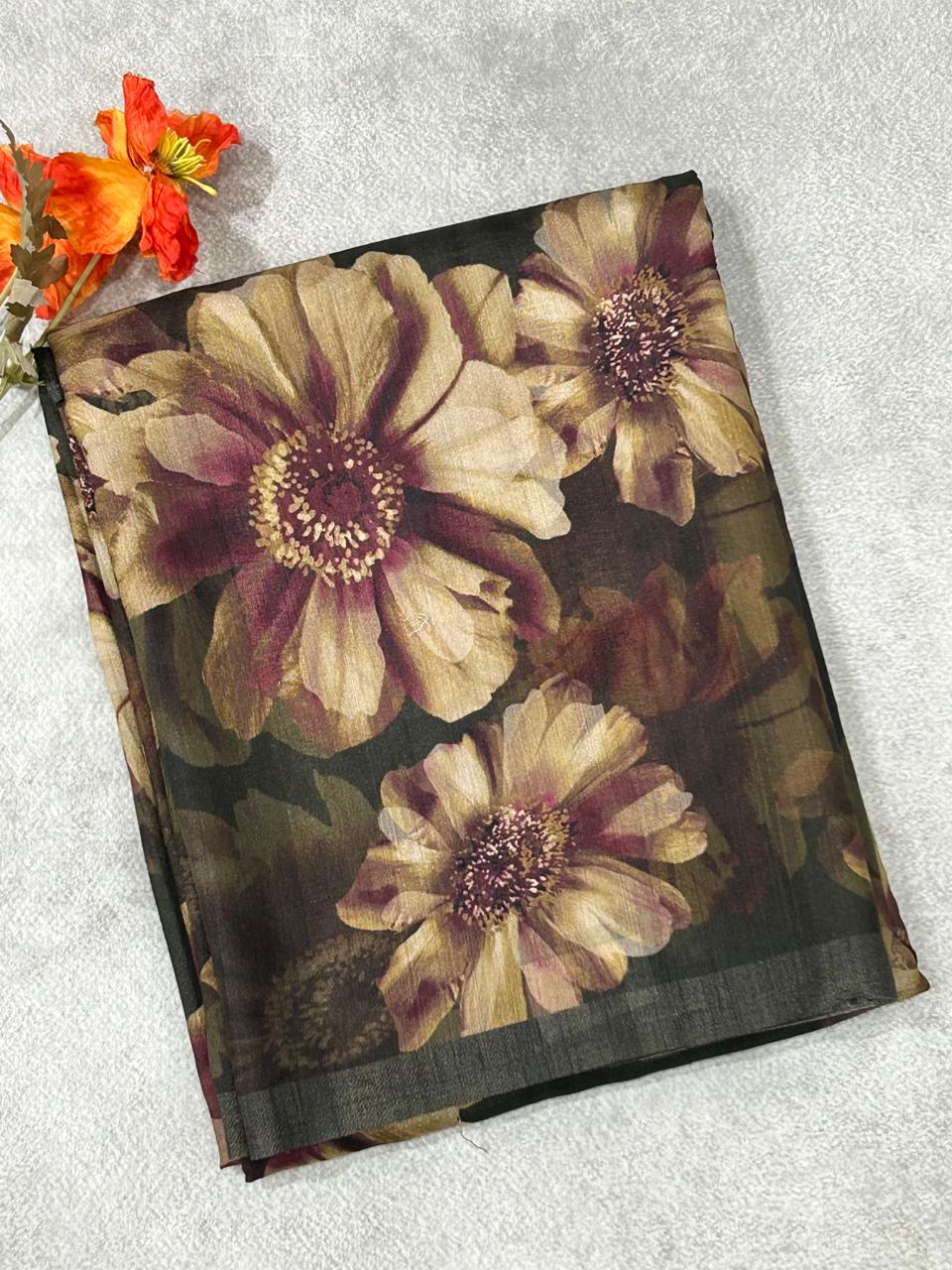 Bottle Green digital print semi tussar silk saree