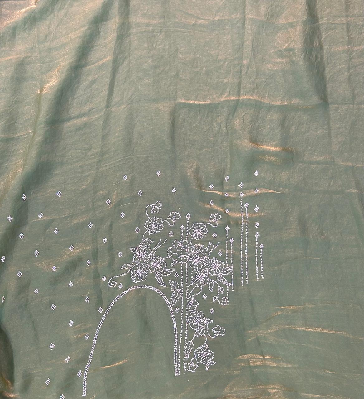 Sea green stone work chinon party wear saree