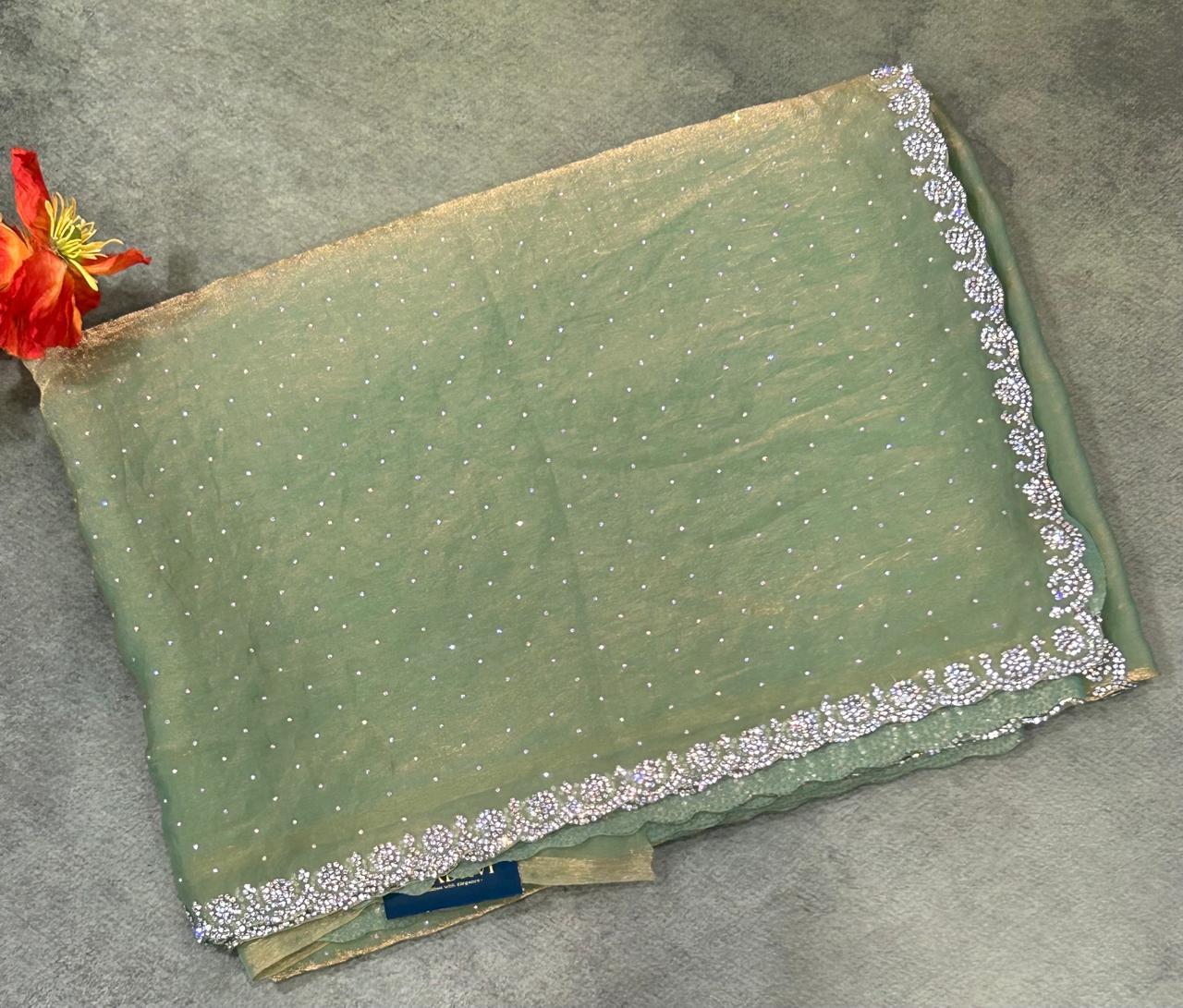 Sea green stone work chinon party wear saree