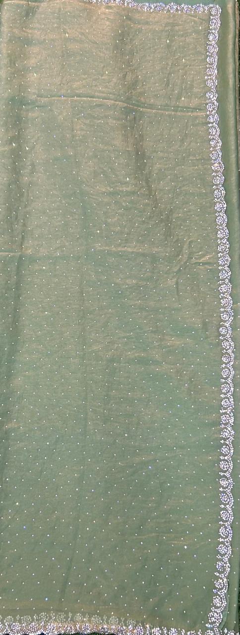 Sea green stone work chinon party wear saree