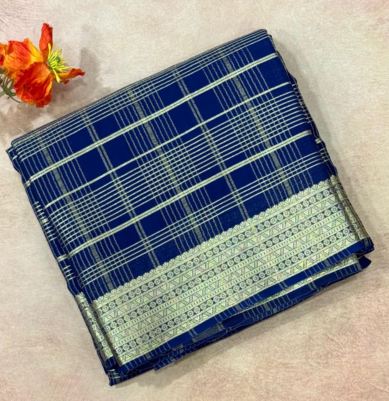 Blue checks semi crepe saree