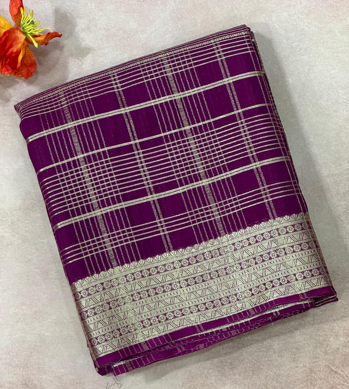 Purple checks semi crepe saree
