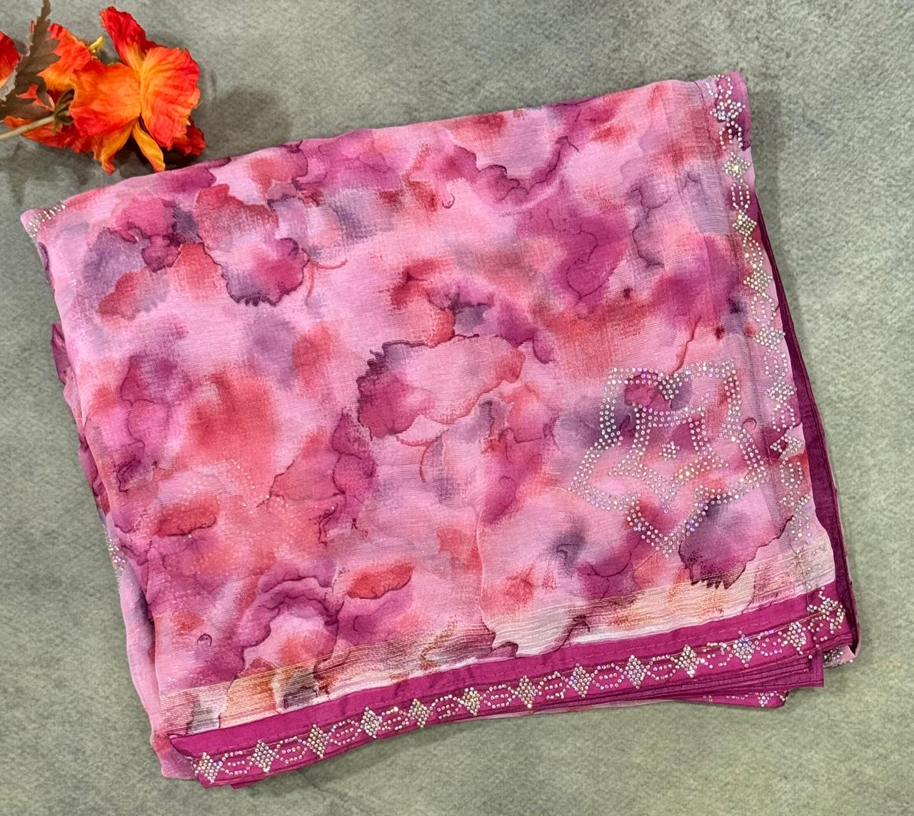 Pink stone work party wear saree