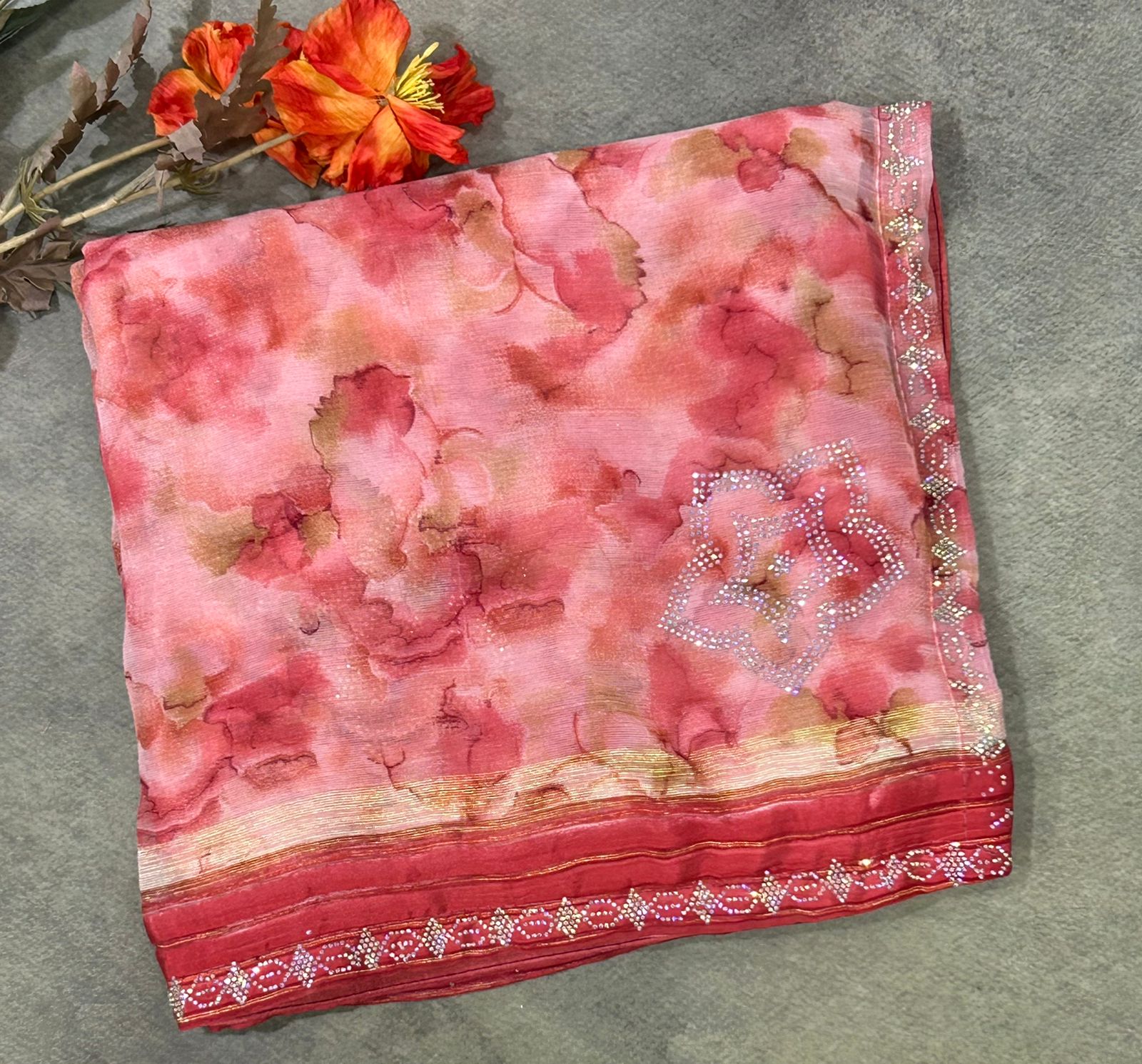 Baby Pink stone work party wear saree