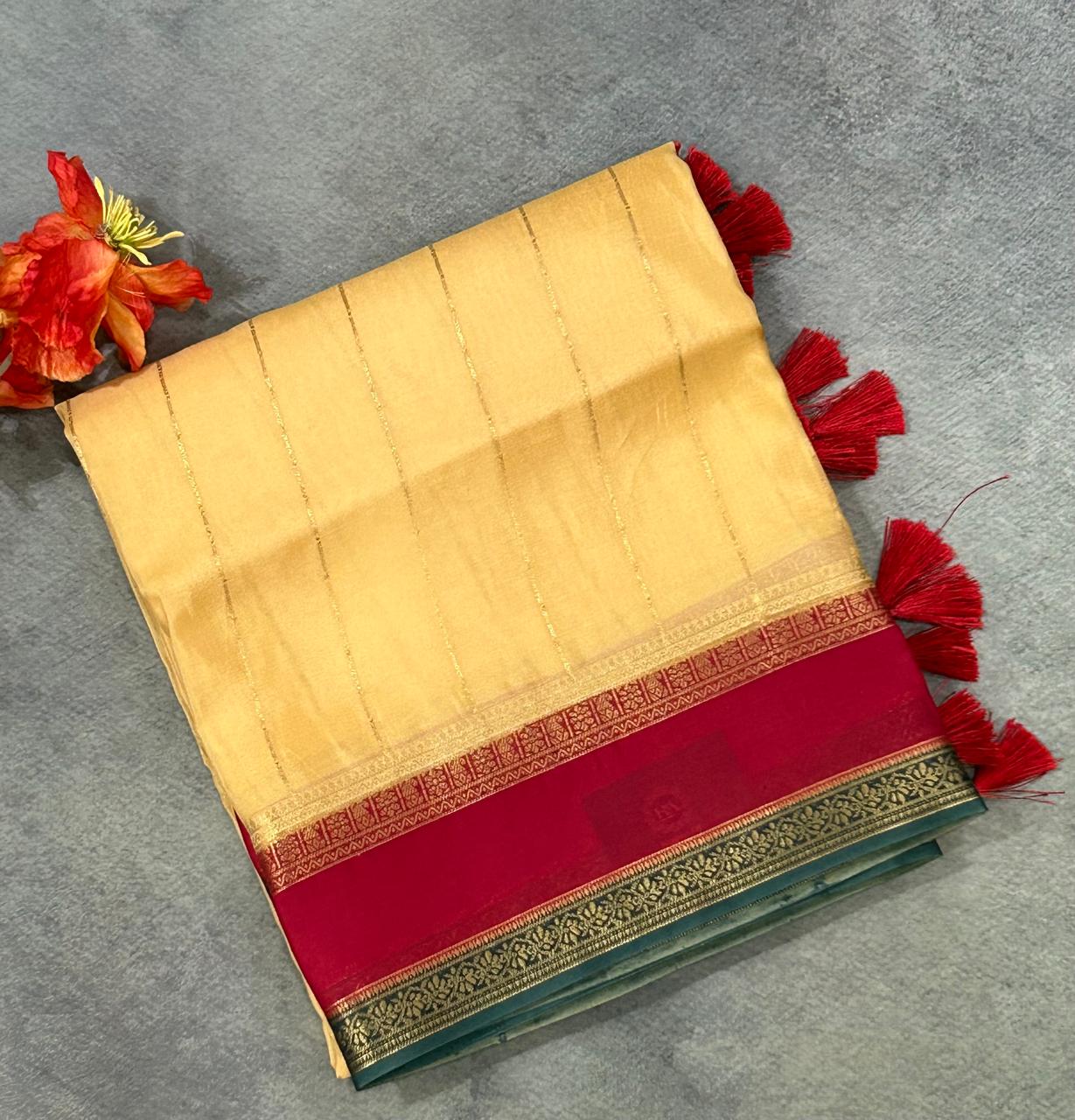 Light yellow  3d satin crepe silk saree