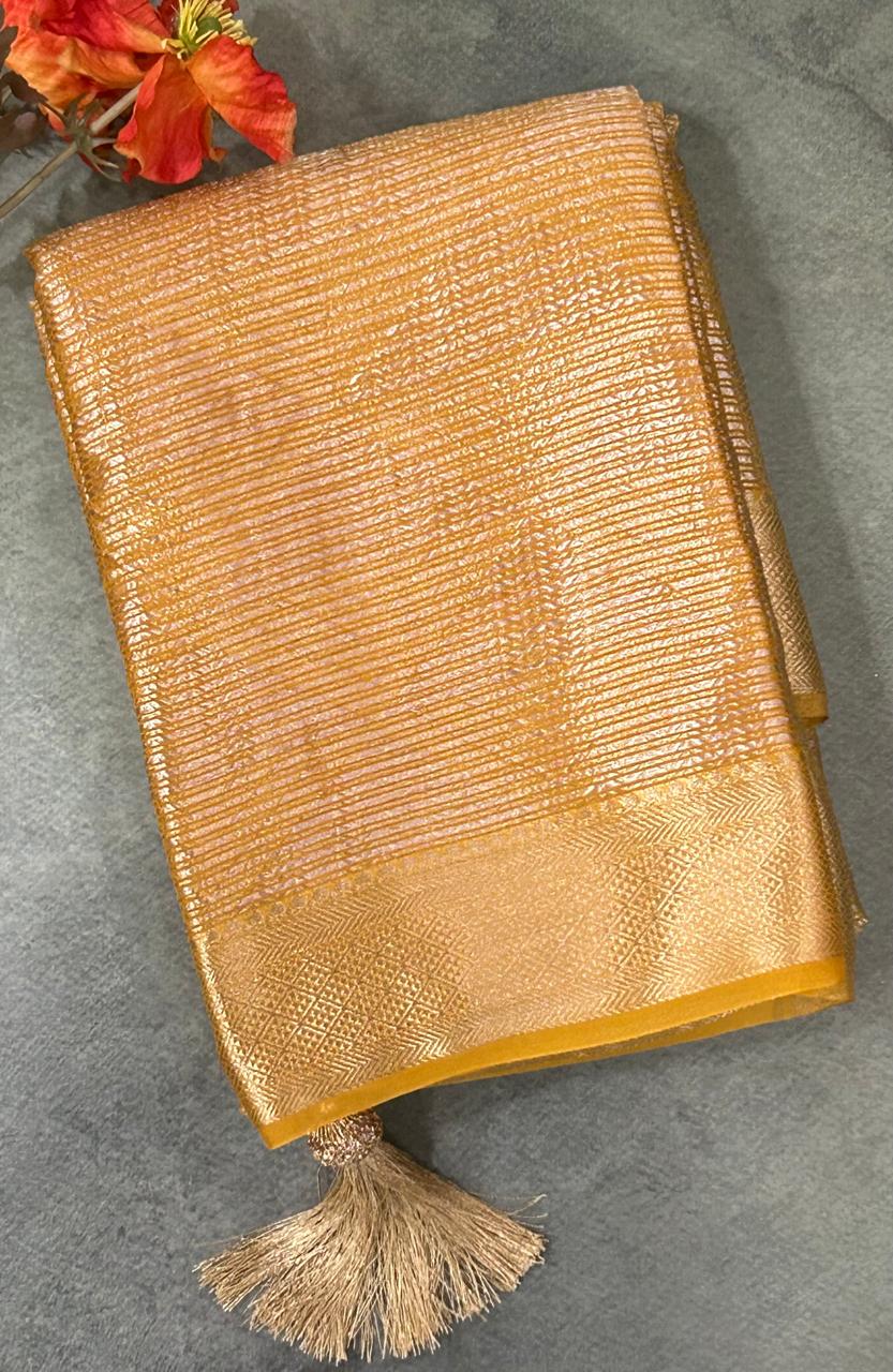 Yellow Brocade stripes georgette saree