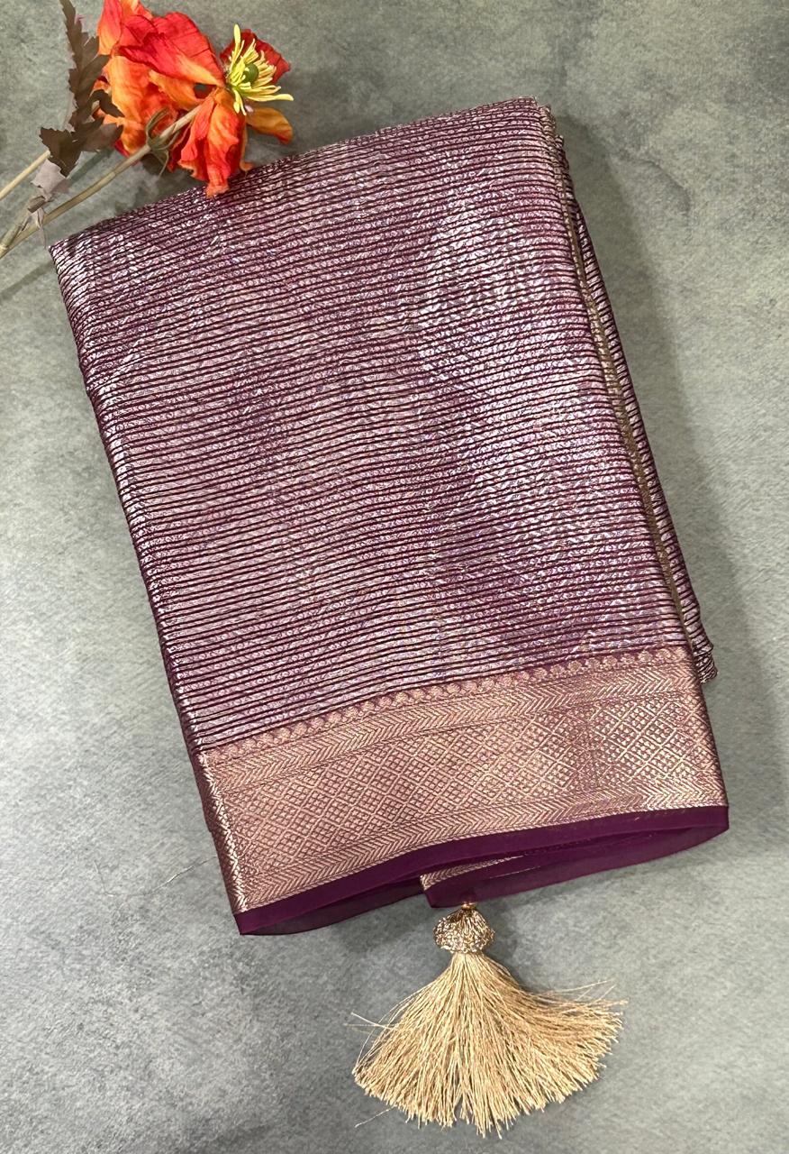 Wine Brocade stripes georgette saree