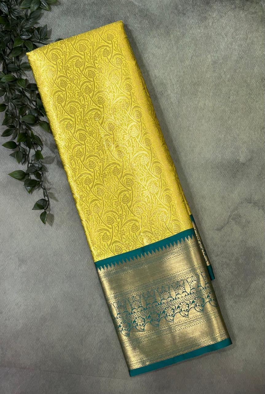 Yellow brocade semi kanchi silk saree