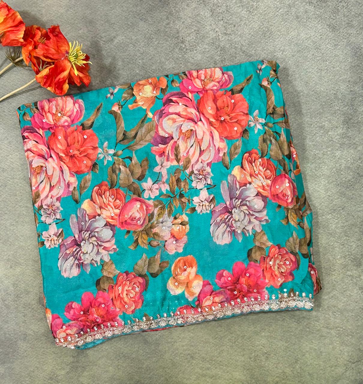 Rama green  digital print georgette party wear saree