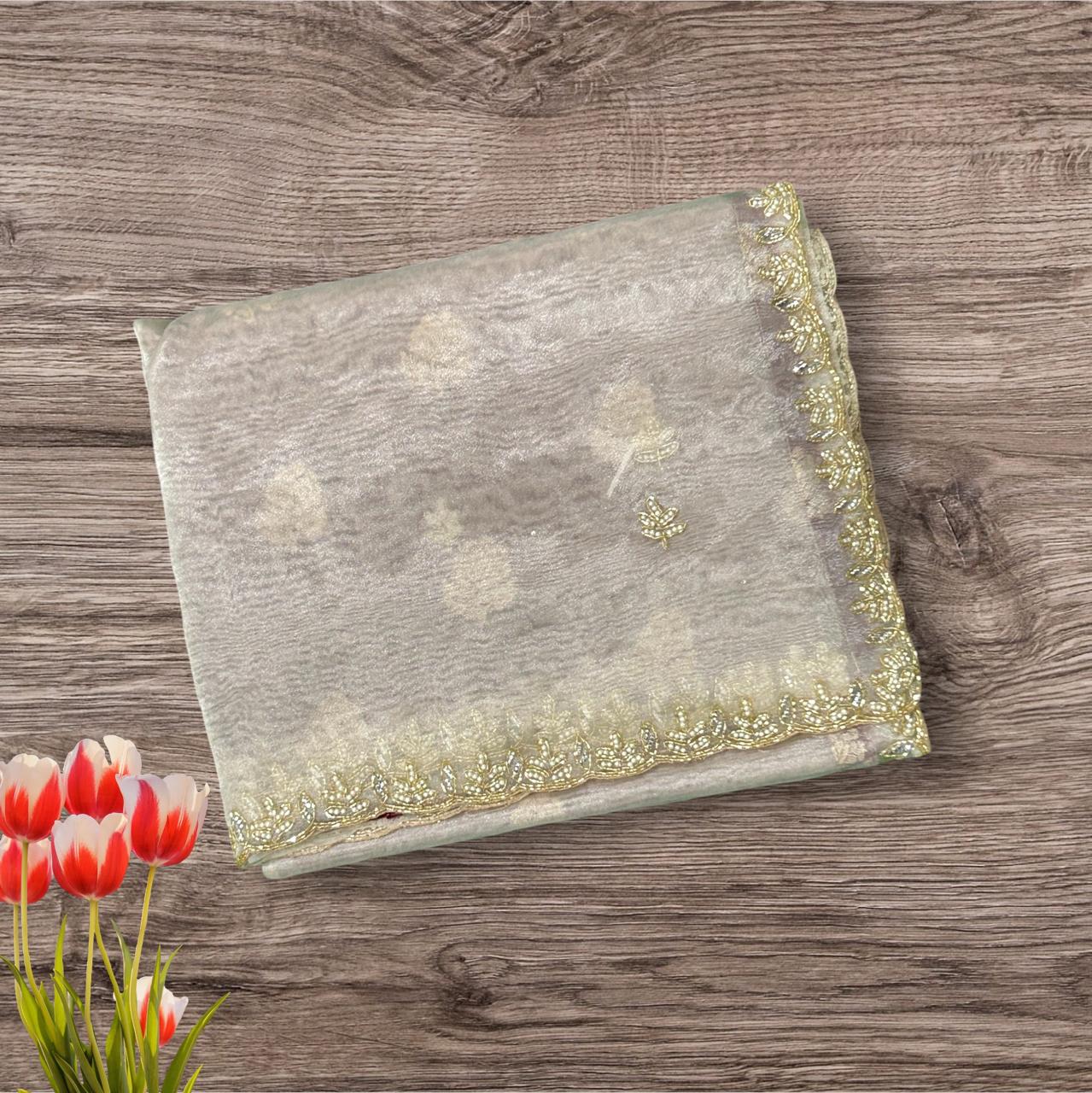 Cream scallop party wear saree