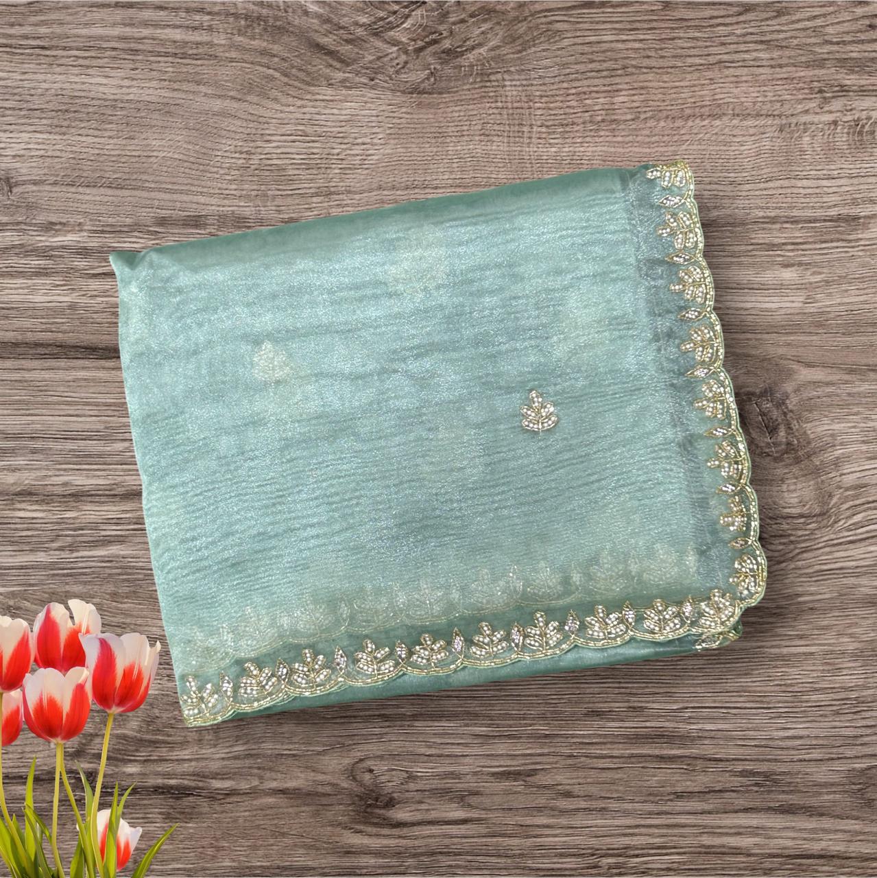 Green handwork  party wear crush saree