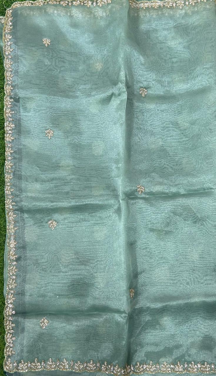 Green handwork  party wear crush saree