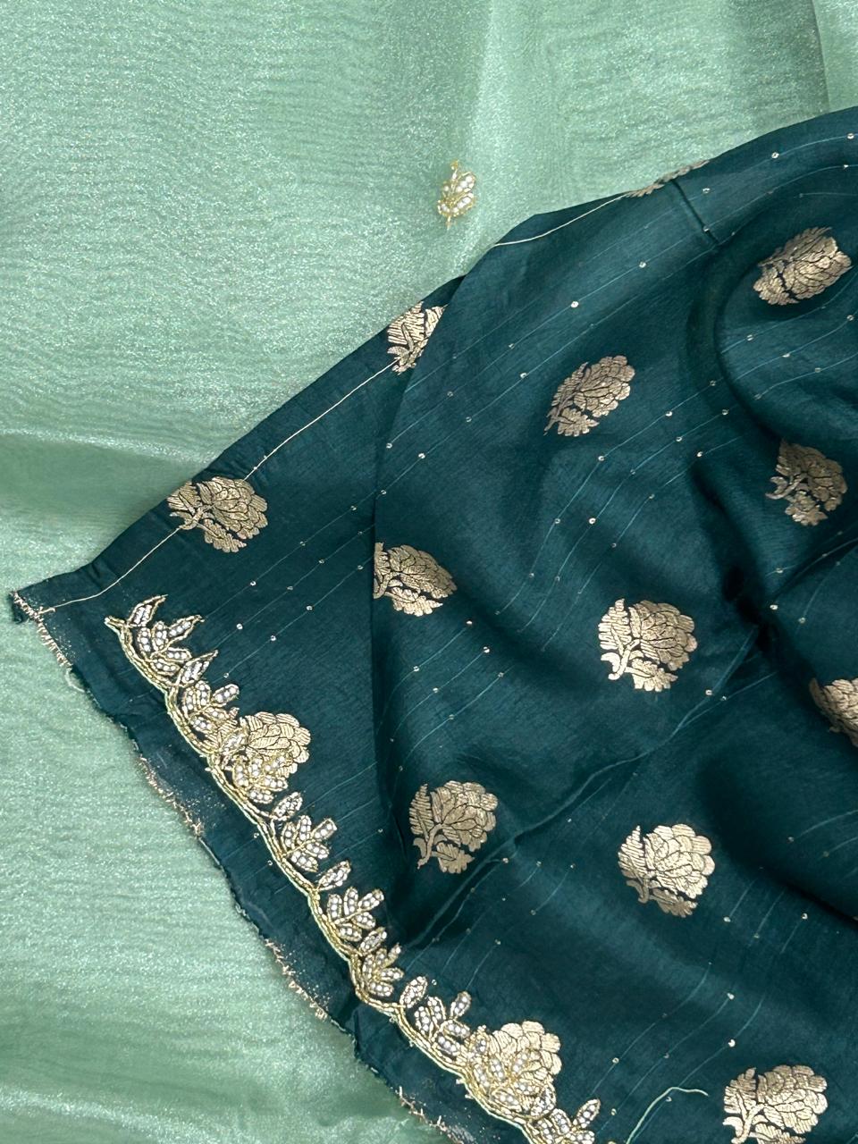 Green handwork  party wear crush saree